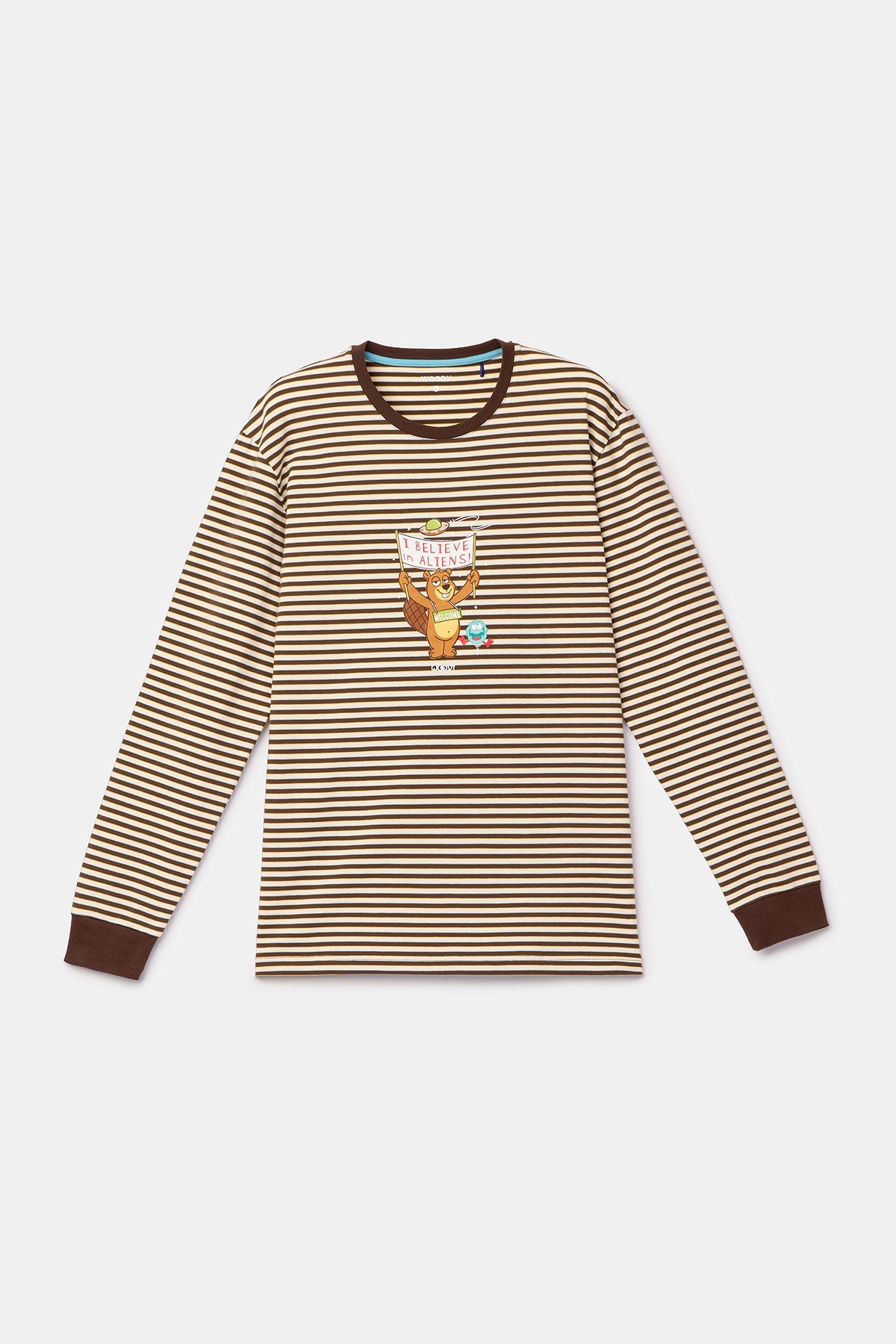Kahverengi Çizgili Uzay Baskılı Erkek Pijama