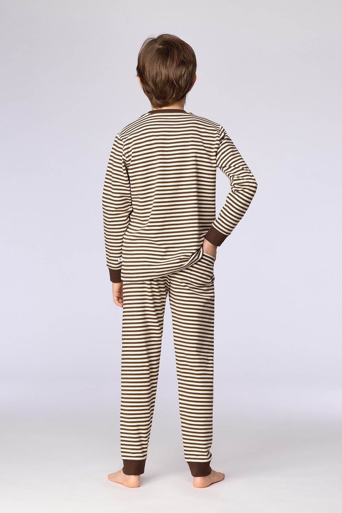 Kahverengi Ekru Çizgili Uzay Baskılı Erkek Çocuk Pijama