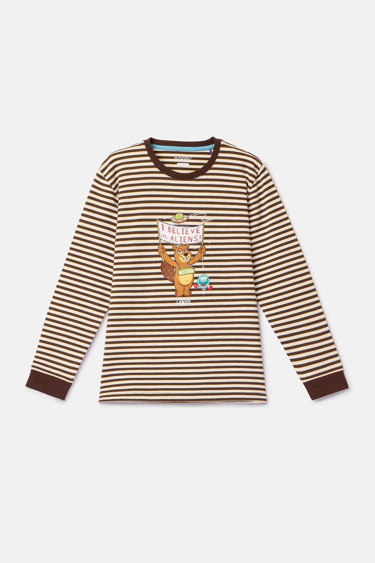 Kahverengi Ekru Çizgili Uzay Baskılı Erkek Çocuk Pijama