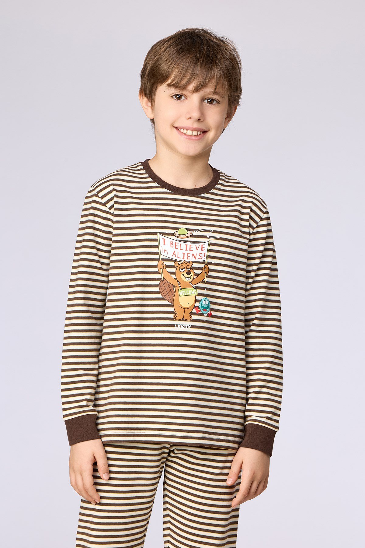 Kahverengi Ekru Çizgili Uzay Baskılı Erkek Çocuk Pijama