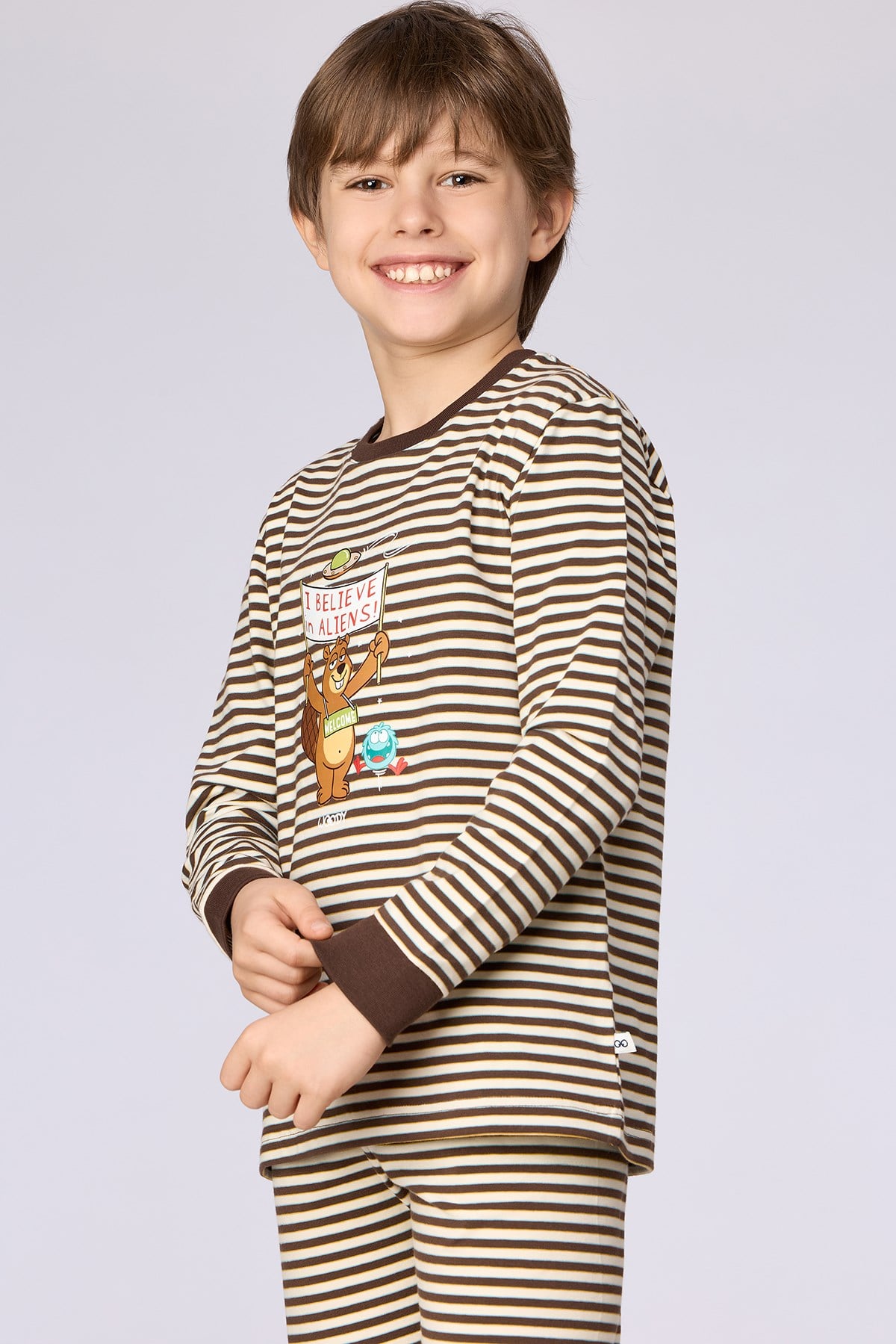 Kahverengi Ekru Çizgili Uzay Baskılı Erkek Çocuk Pijama