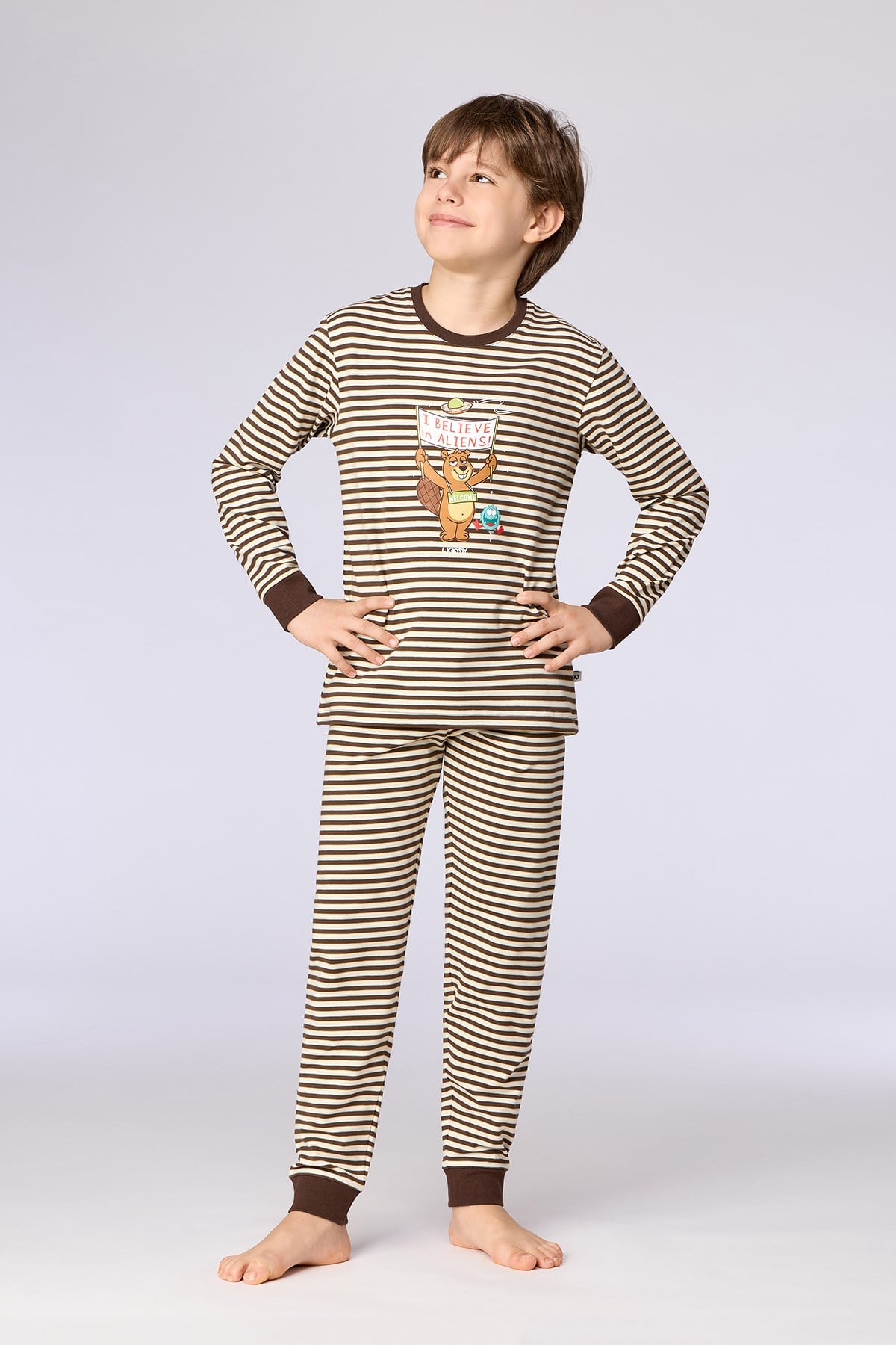 Kahverengi Ekru Çizgili Uzay Baskılı Erkek Çocuk Pijama