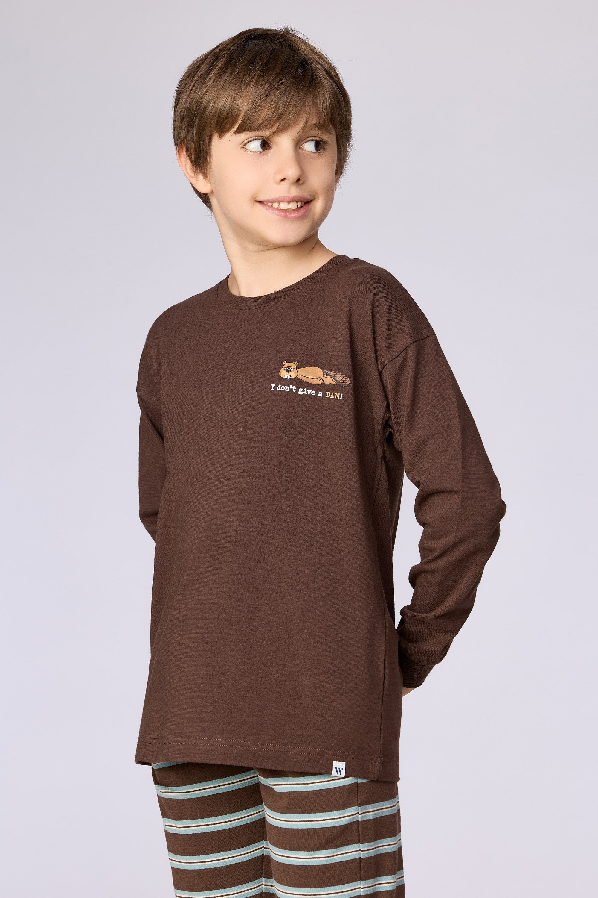 Kahverengi Uzun Kollu Pamuklu Erkek Çocuk Pijama
