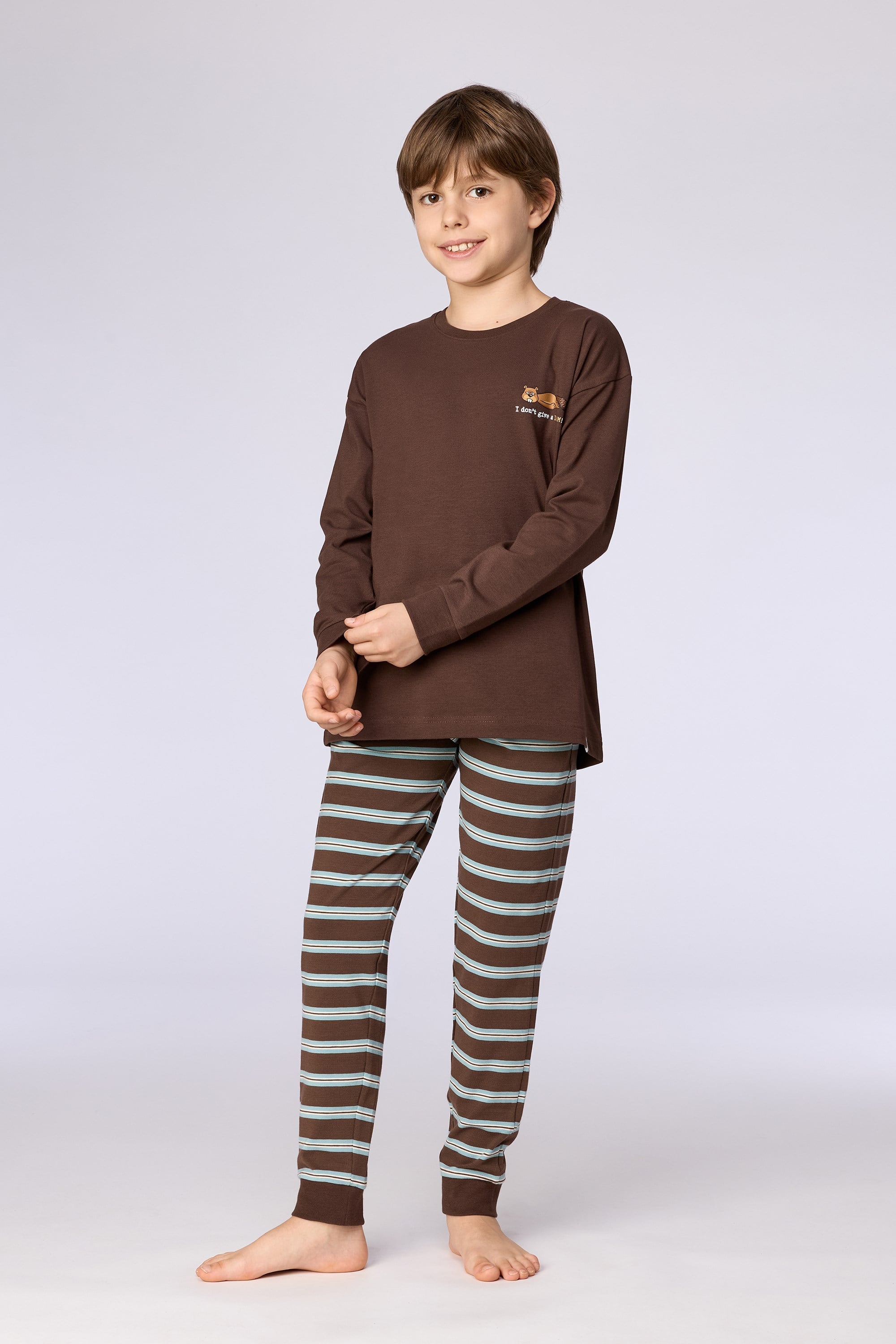 Kahverengi Uzun Kollu Pamuklu Erkek Çocuk Pijama