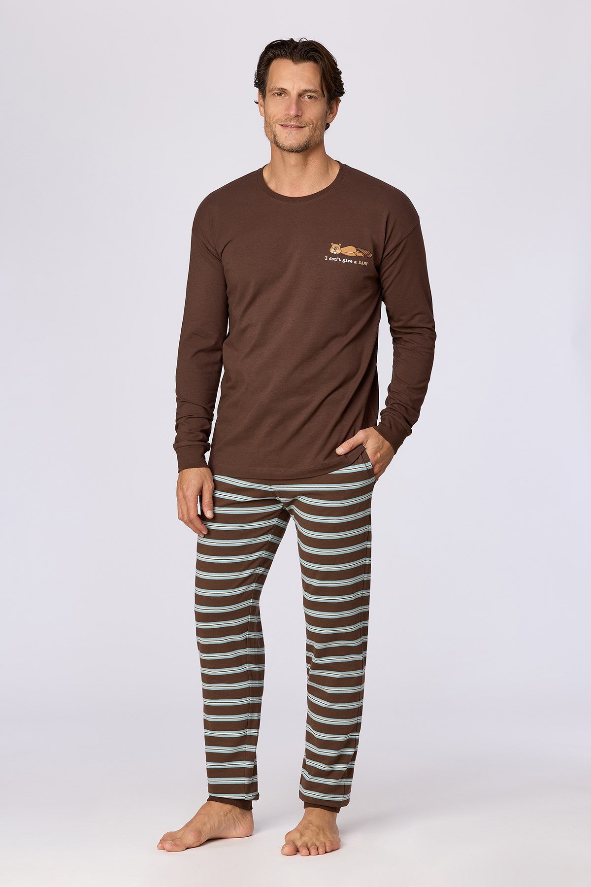 Kahverengi Uzun Kollu Pamuklu Erkek Pijama