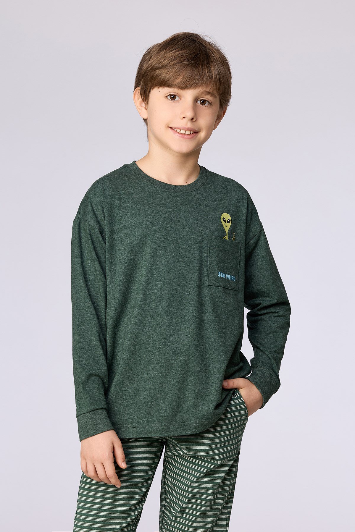 Koyu Yeşil Uzun Kollu Pamuklu Erkek Çocuk Pijama