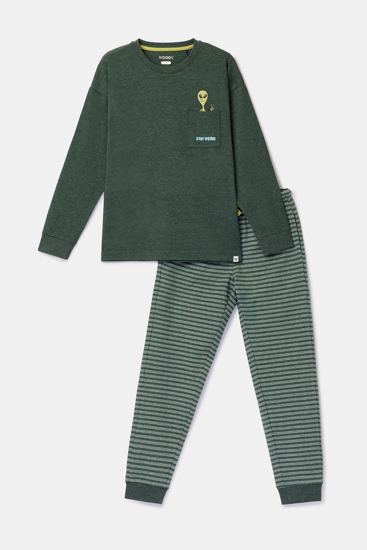 Koyu Yeşil Uzun Kollu Pamuklu Erkek Çocuk Pijama