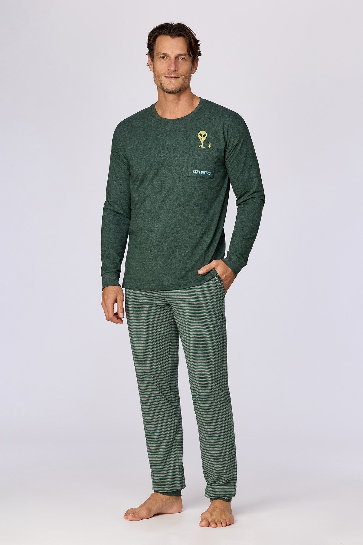 Koyu Yeşil Uzun Kollu Pamuklu Erkek Pijama