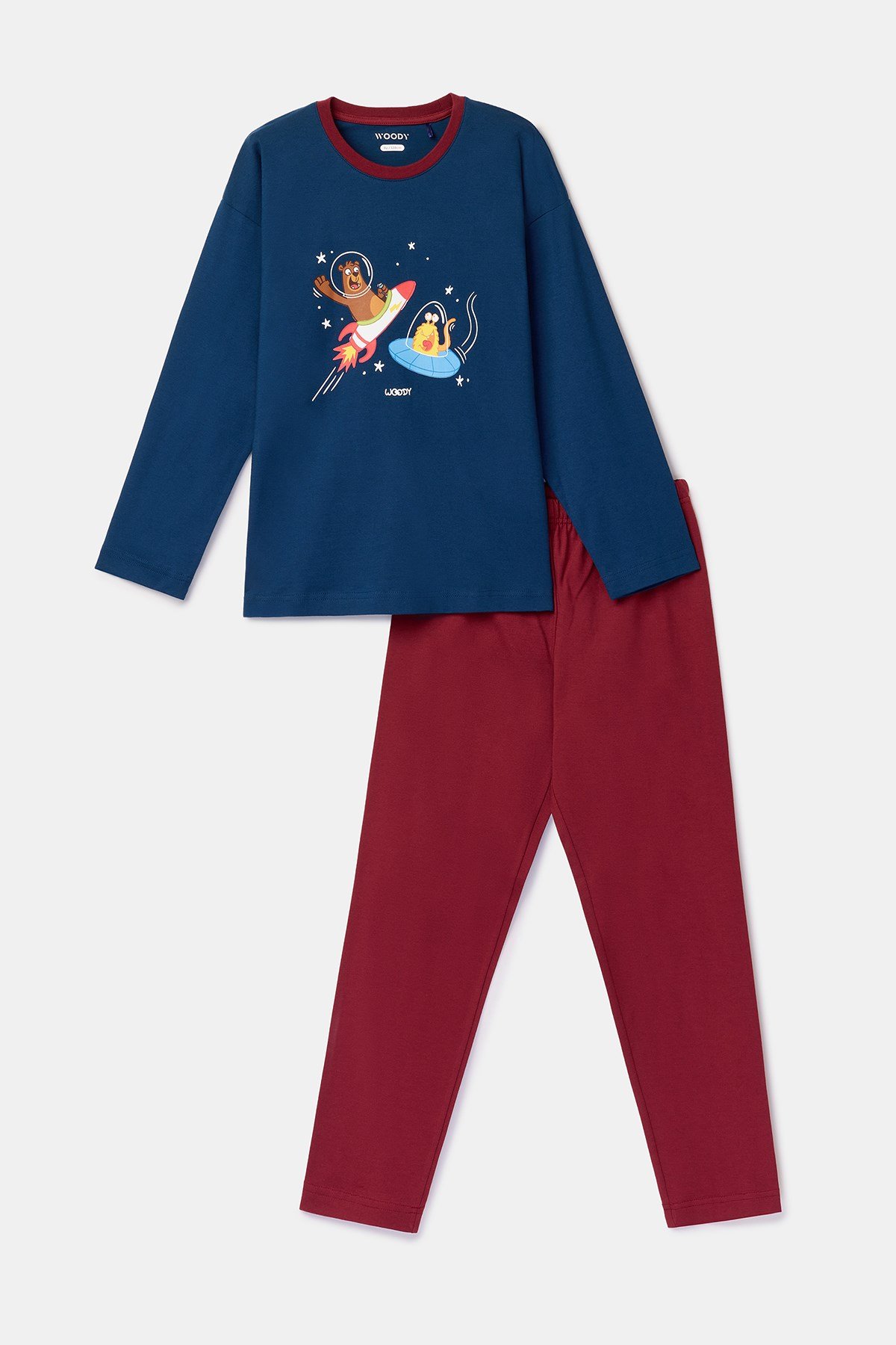 Lacivert-Bordo Uzay Temalı Baskılı Erkek Çocuk Pijama Takımı