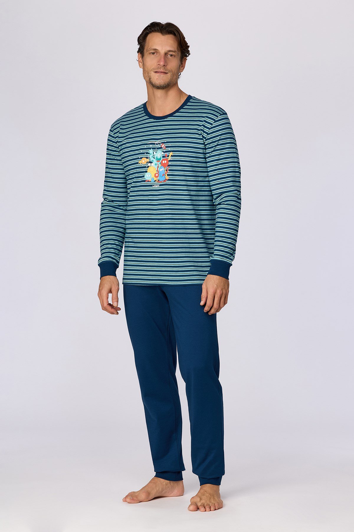 Lacivert Çizgili Baskılı Erkek Pijama