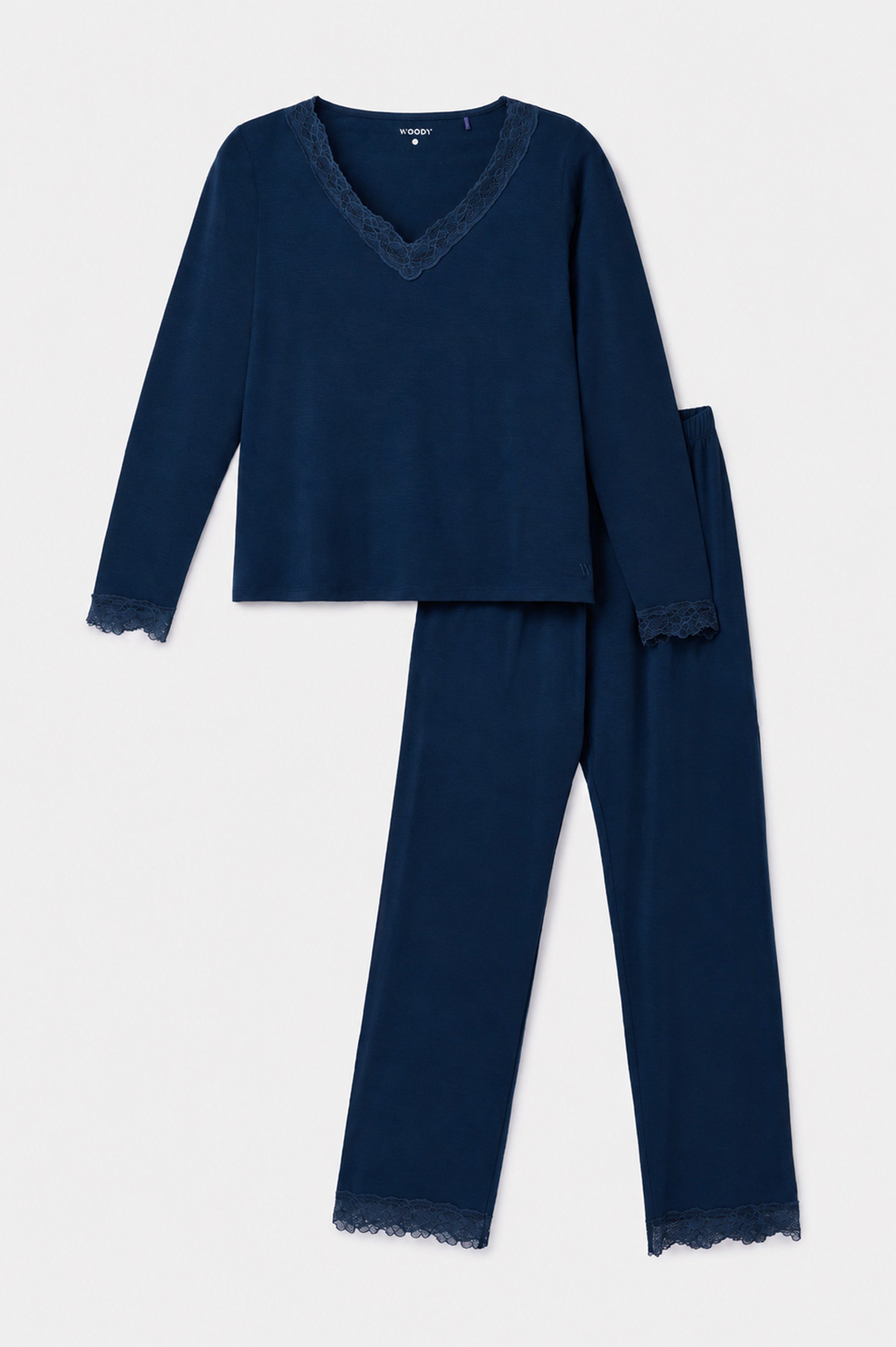 Lacivert Lyocell Dantelli Uzun Kollu Kadın Pijama