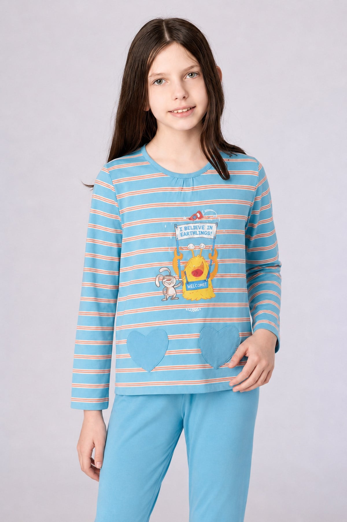 Mavi Çizgili Kız Çocuk Pijama
