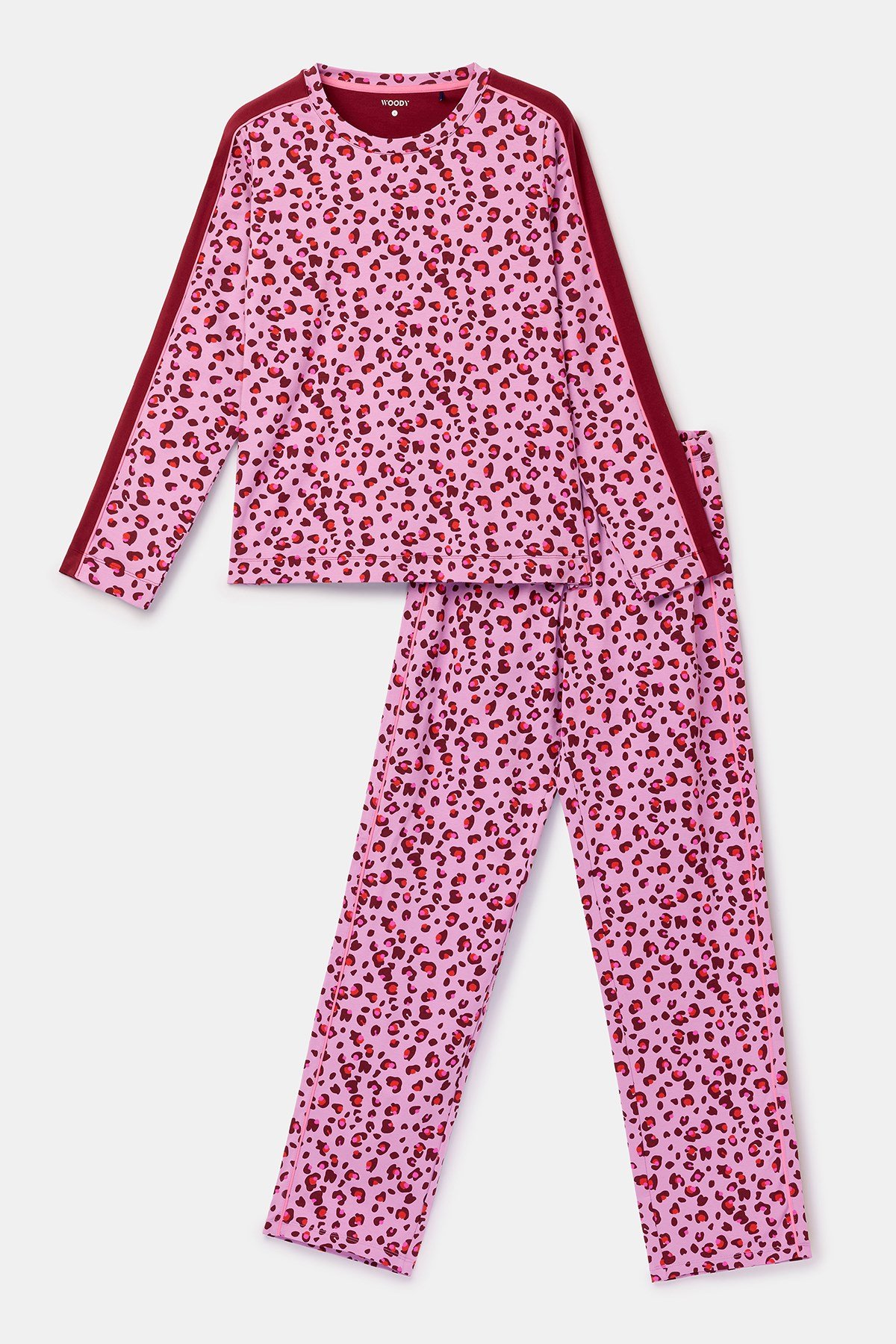 Pembe Leopar Desenli Bisiklet Yaka Uzun Kollu Kadın Pijama