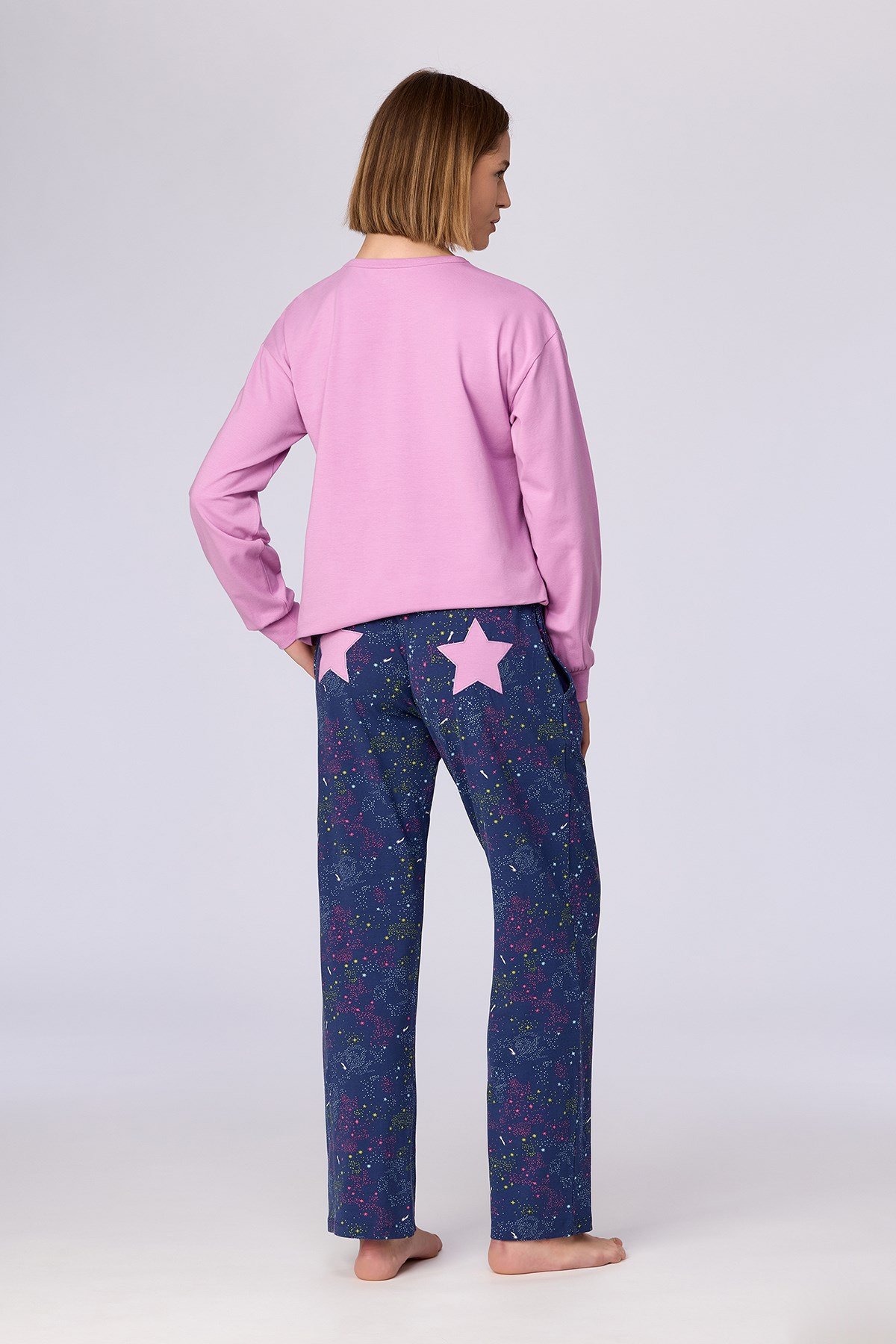 Pembe Uzun Kollu Pamuklu Kadın Pijama
