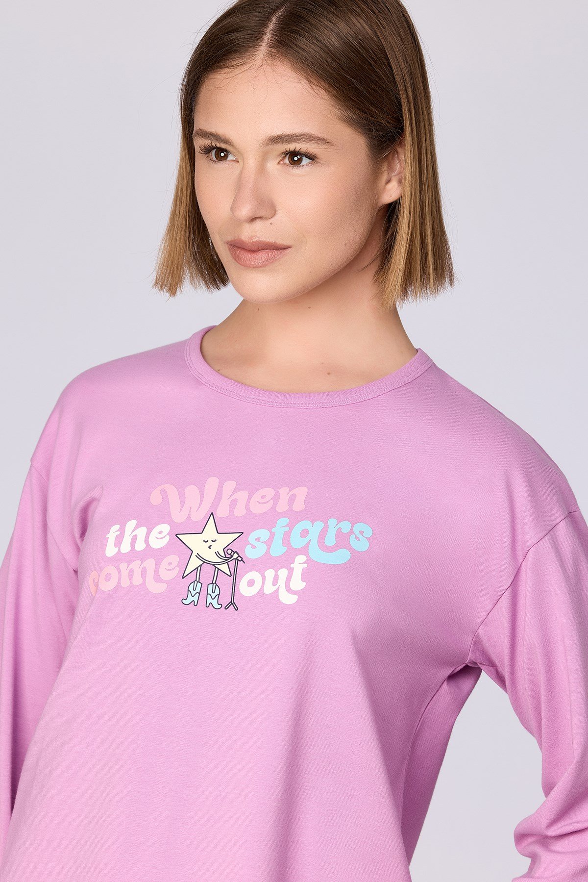Pembe Uzun Kollu Pamuklu Kadın Pijama