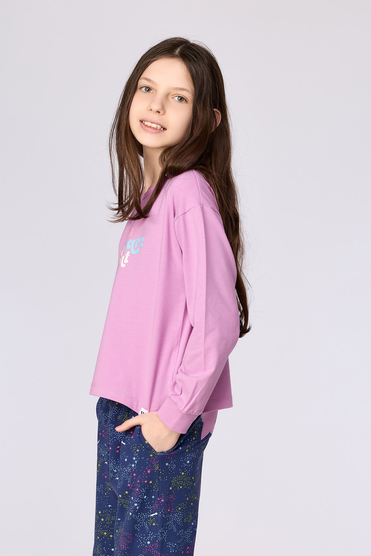 Pembe Uzun Kollu Pamuklu Kız Çocuk Pijama