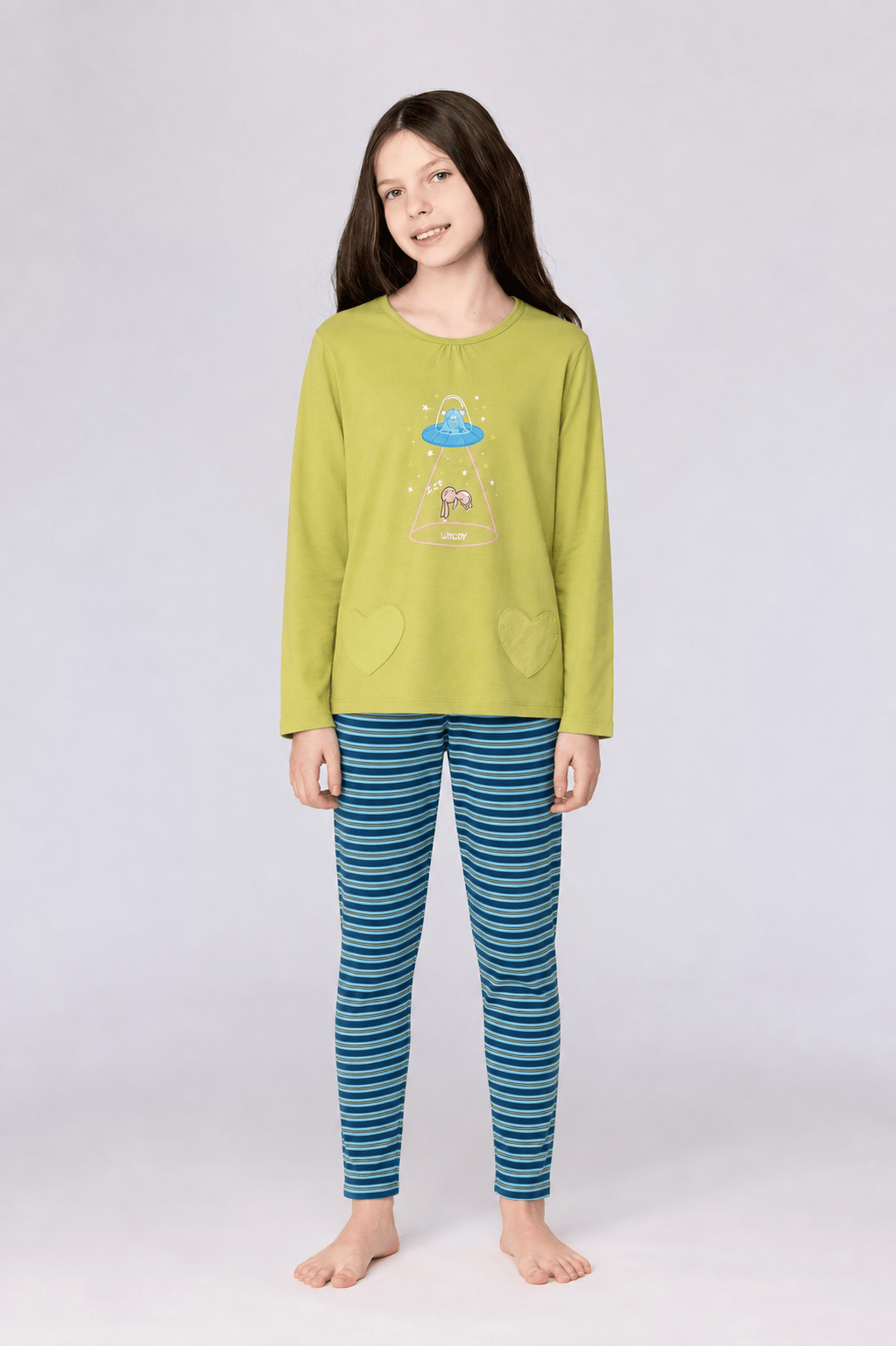 Uzay Baskılı Limon Yeşili Kız Çocuk Pijama
