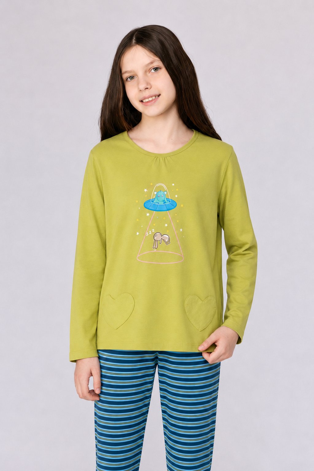 Uzay Baskılı Limon Yeşili Kız Çocuk Pijama