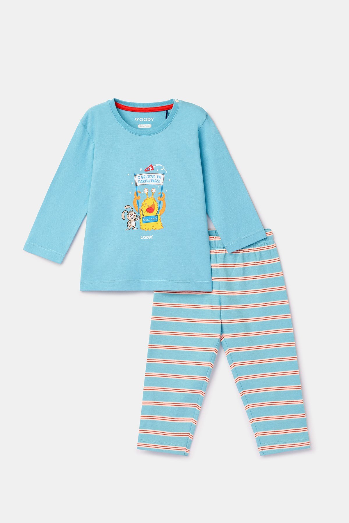 Uzaylı Baskılı Mavi Pamuklu Pijama Takımı