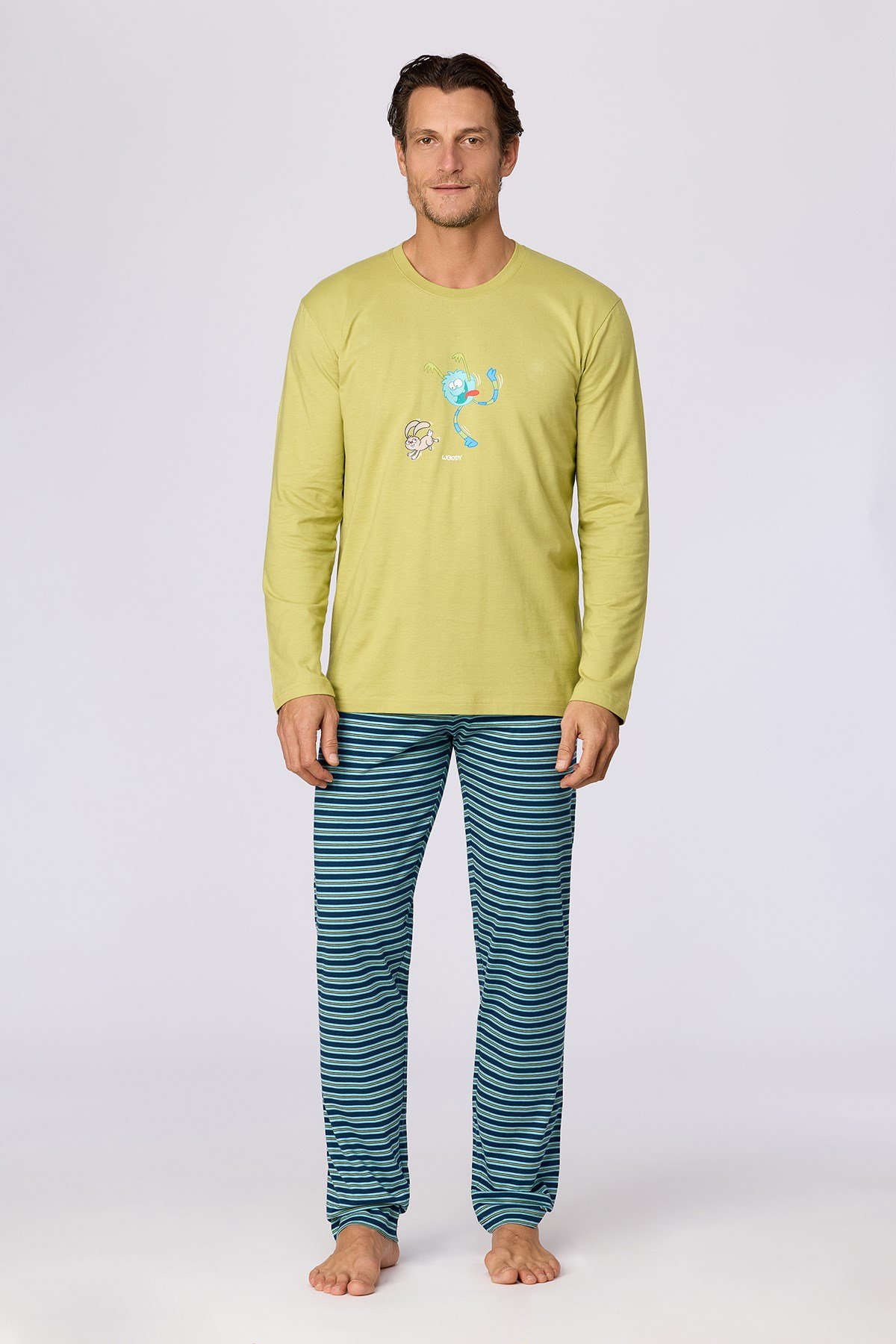 Uzaylı Karakter Baskılı Limon Yeşili Erkek Pijama