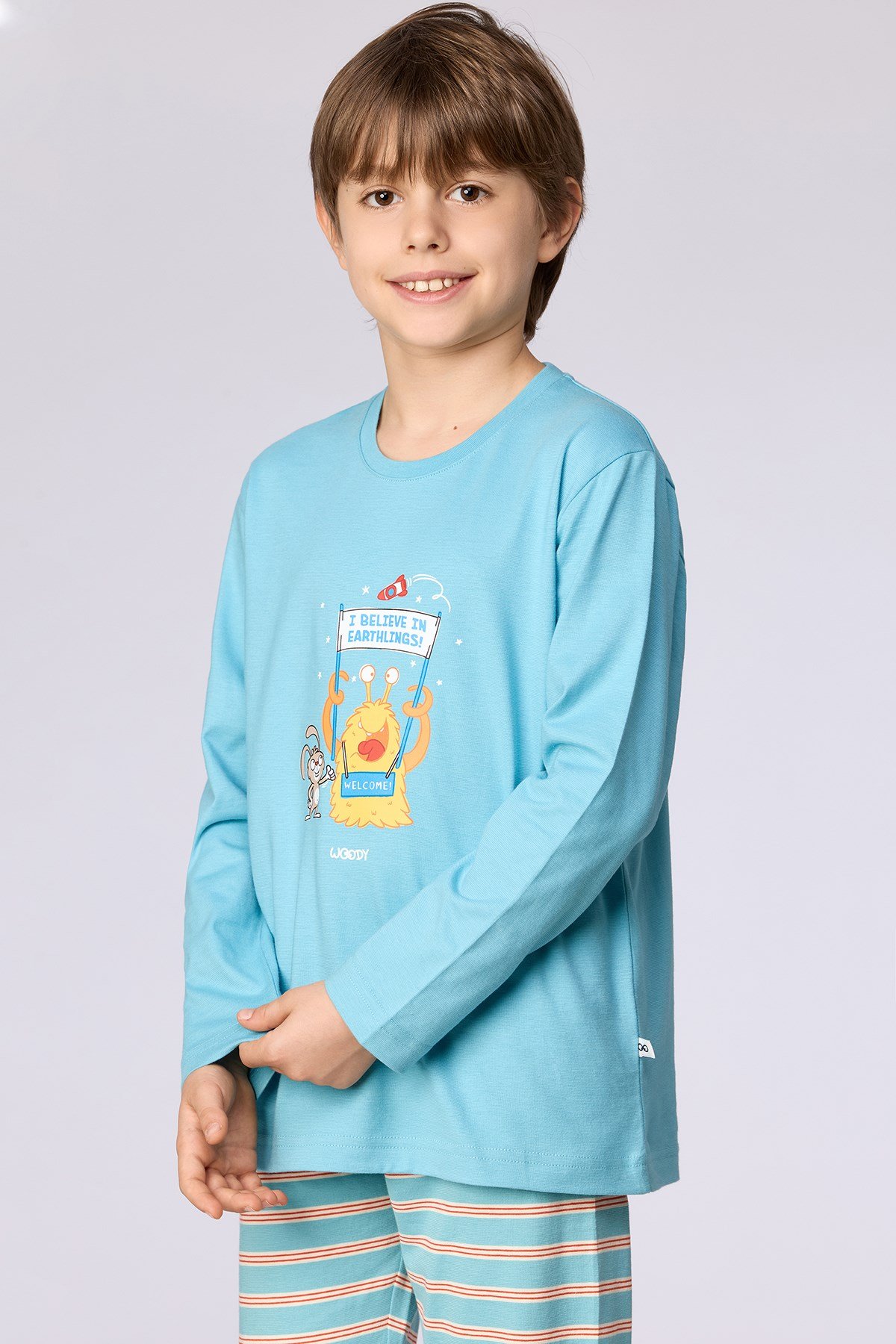 Uzaylı Karakter Baskılı Mavi Erkek Çocuk Pijama