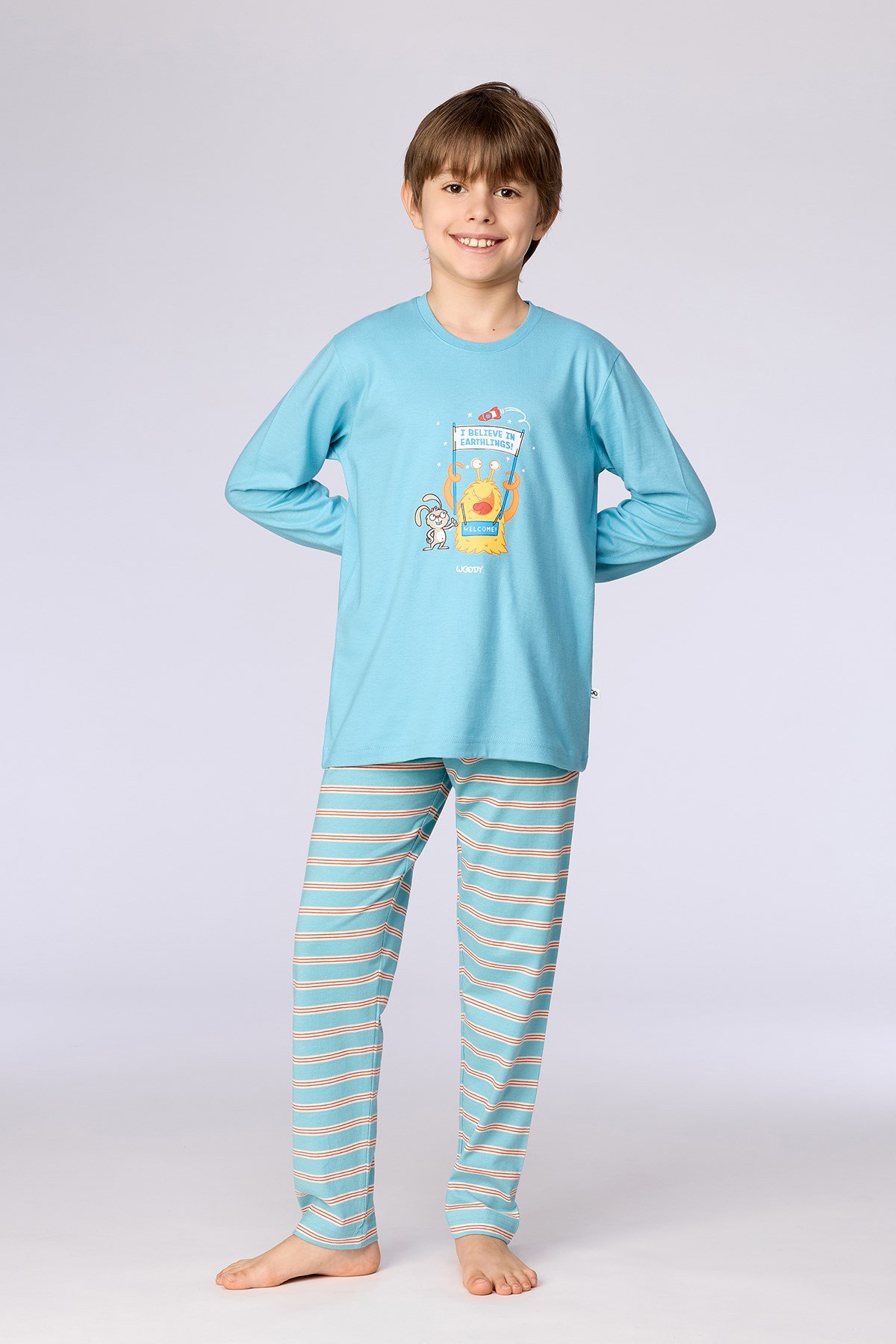 Uzaylı Karakter Baskılı Mavi Erkek Çocuk Pijama