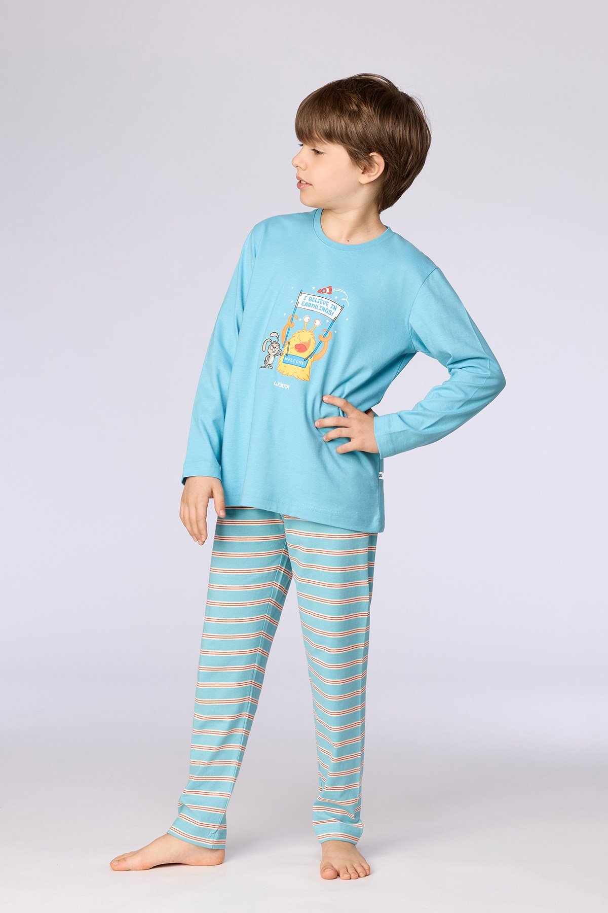 Uzaylı Karakter Baskılı Mavi Erkek Çocuk Pijama