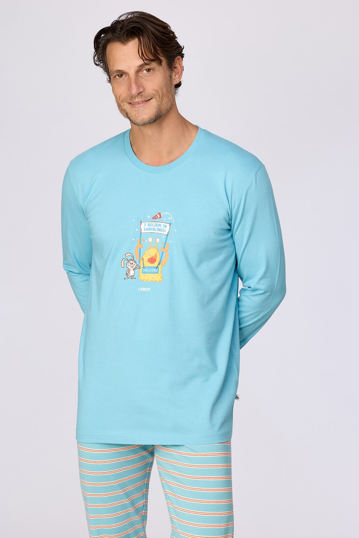 Uzaylı Karakter Baskılı Mavi Erkek Pijama
