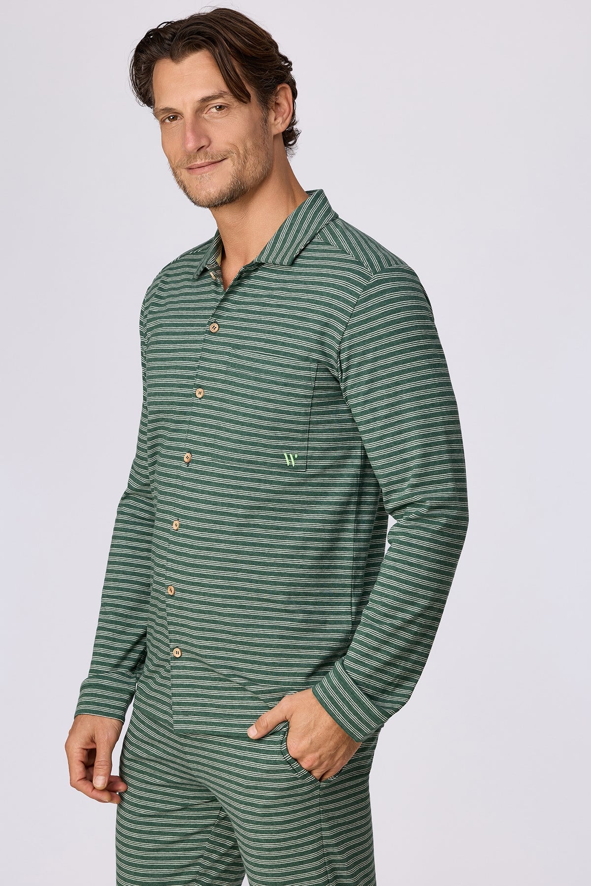 Yeşil Çizgili Gömlek Yakalı Erkek Pijama Takım