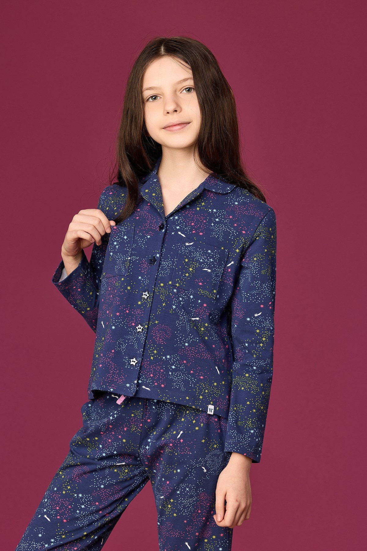 Yıldız Baskılı Lacivert Pamuklu Kız Çocuk Pijama