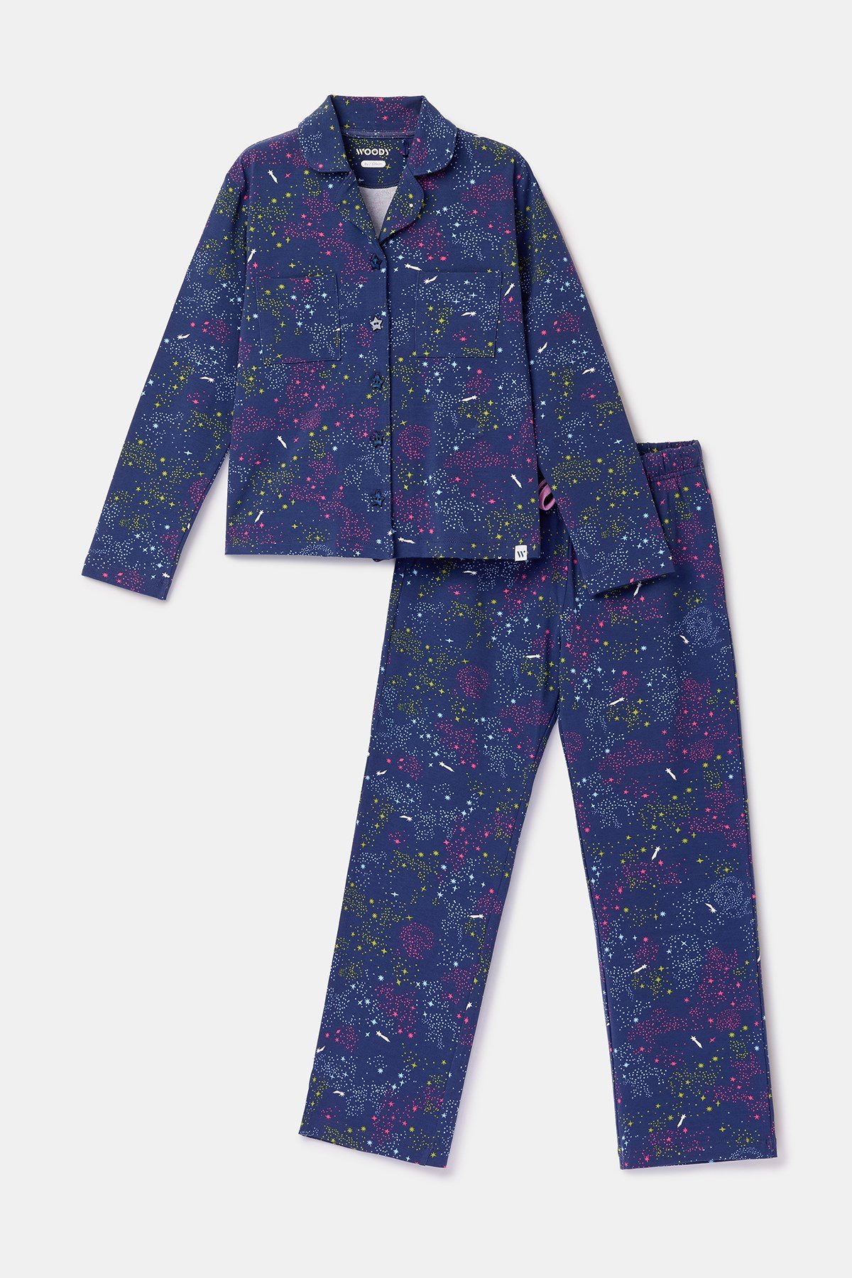 Yıldız Baskılı Lacivert Pamuklu Kız Çocuk Pijama