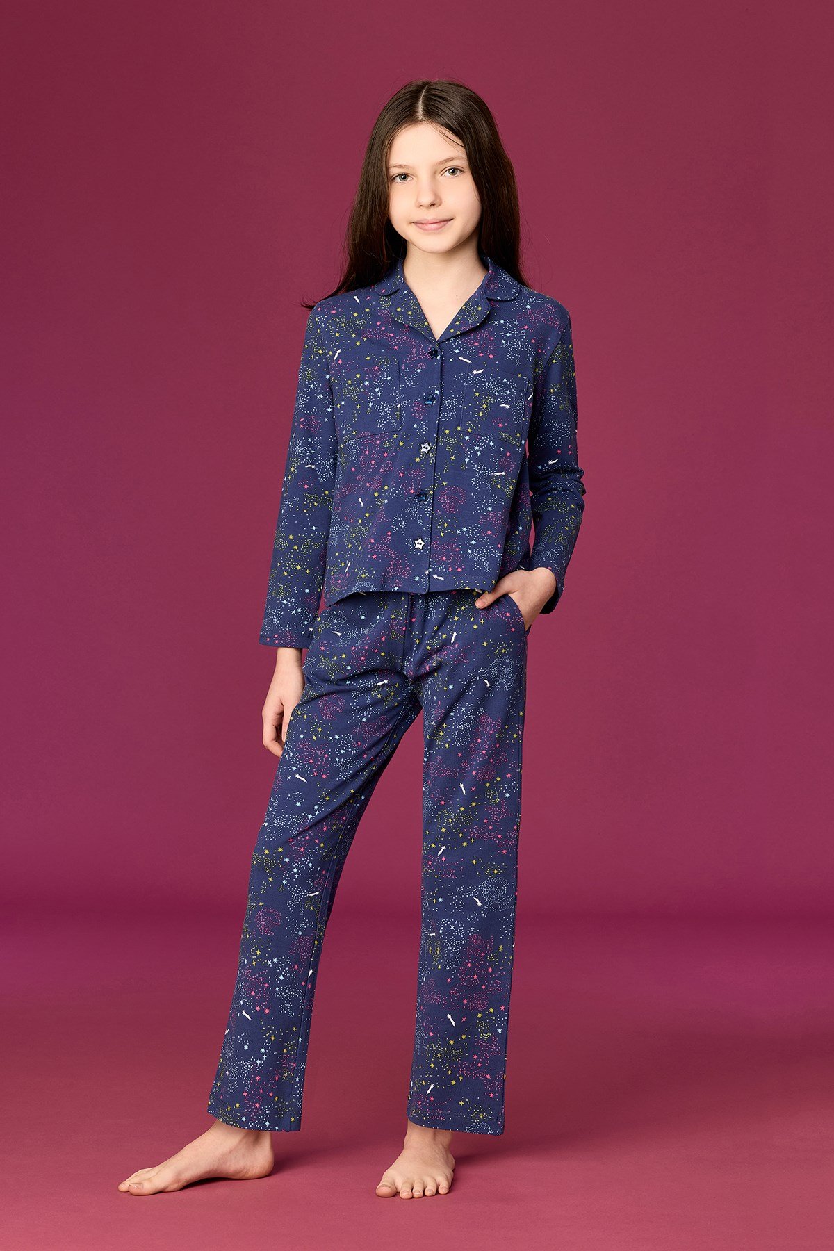 Yıldız Baskılı Lacivert Pamuklu Kız Çocuk Pijama