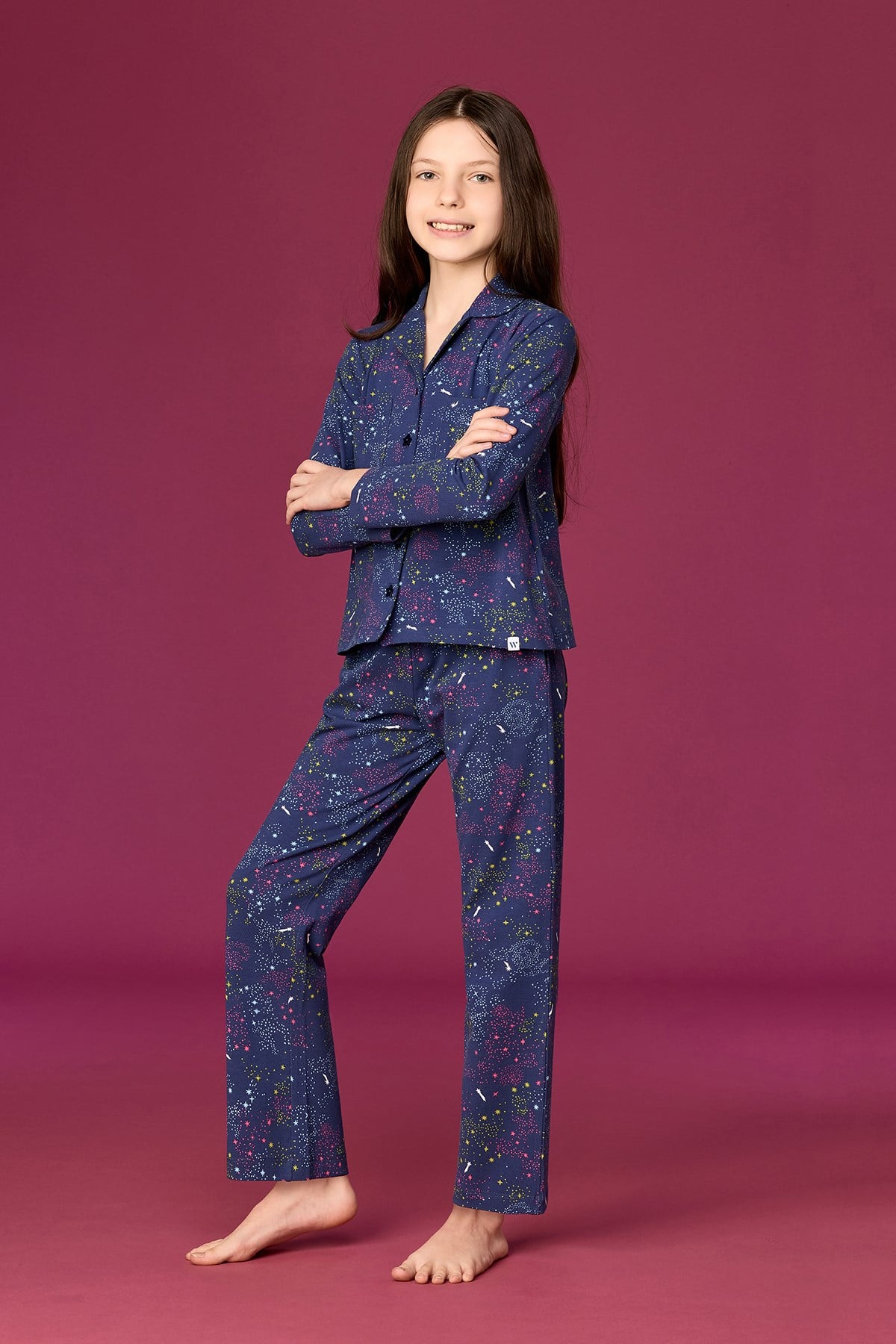 Yıldız Baskılı Lacivert Pamuklu Kız Çocuk Pijama