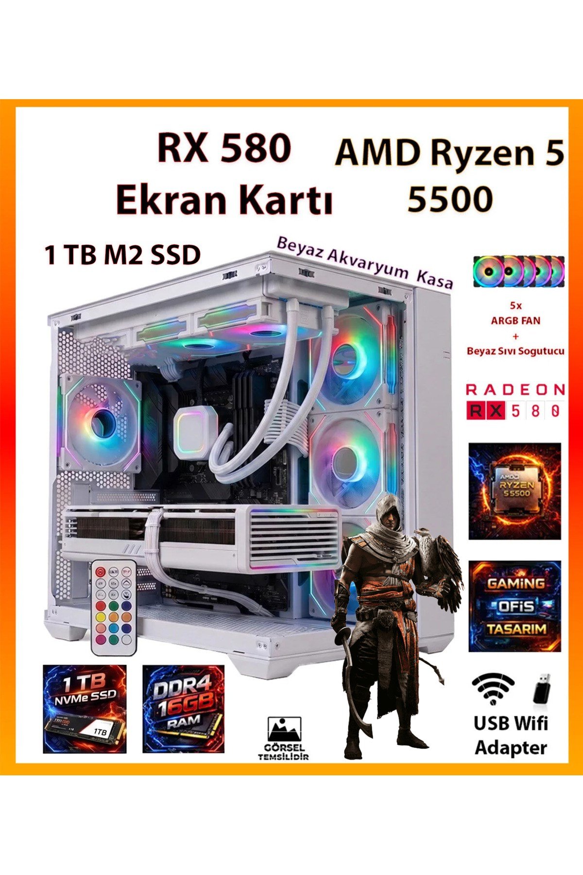 GA ESP Pro Beyaz Sistem RX580 + Ryzen 5 5500 16GB RAM + 1TB SSD + Sıvı Soğutucu Akvaryum Kasa FULL RGB Tak Çalıştır Beyaz Oyuncu Bilgisayarı