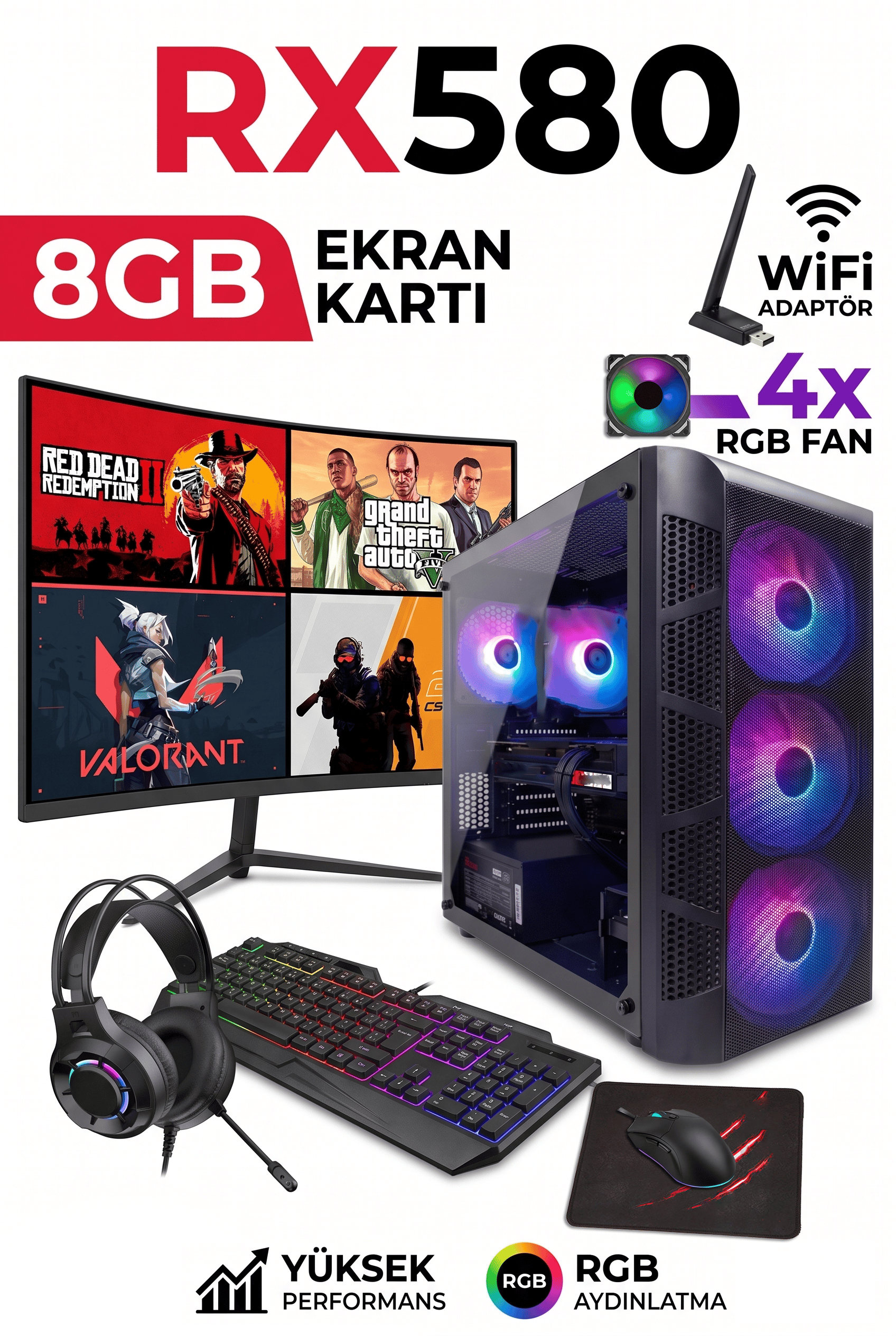 GA Full-Perf Gaming Ryzen 5 5500 + RX580 8GB + 16GB DDR4 RAM 512GB M.2 NVMe SSD + Full Set Hazır Oyun Bilgisayarı