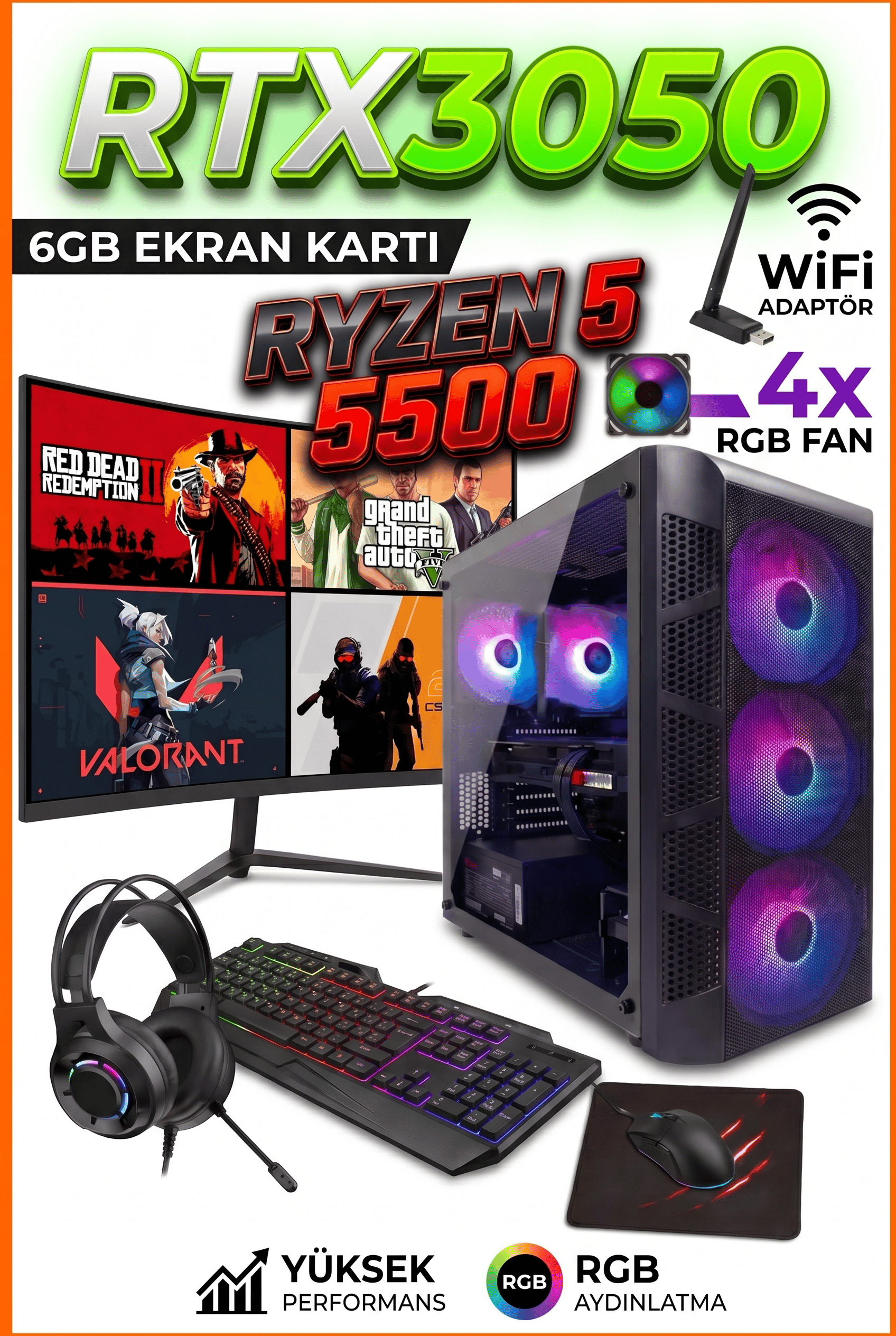 GA Full-Perf Gaming v2 Ryzen 5 5500 + RTX 3050 + 16GB DDR4 RAM 512GB M.2 NVMe SSD Full Oyun Bilgisayarı