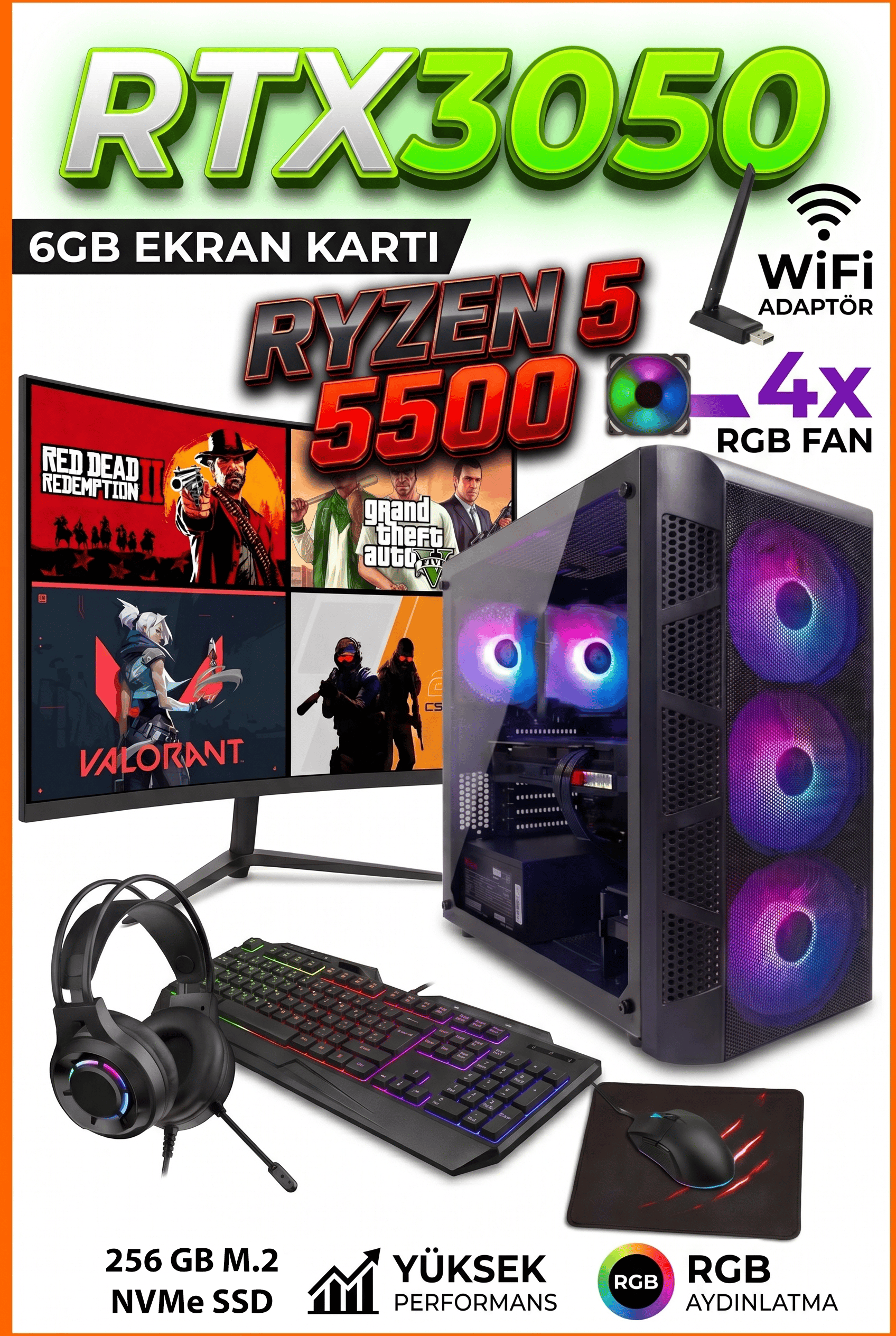 GA Full-Perf Gaming v2 Ryzen 5 5500 + RTX 3050 + 16GB DDR4 RAM 256GB M.2 NVMe SSD Full Set Oyun Bilgisayarı