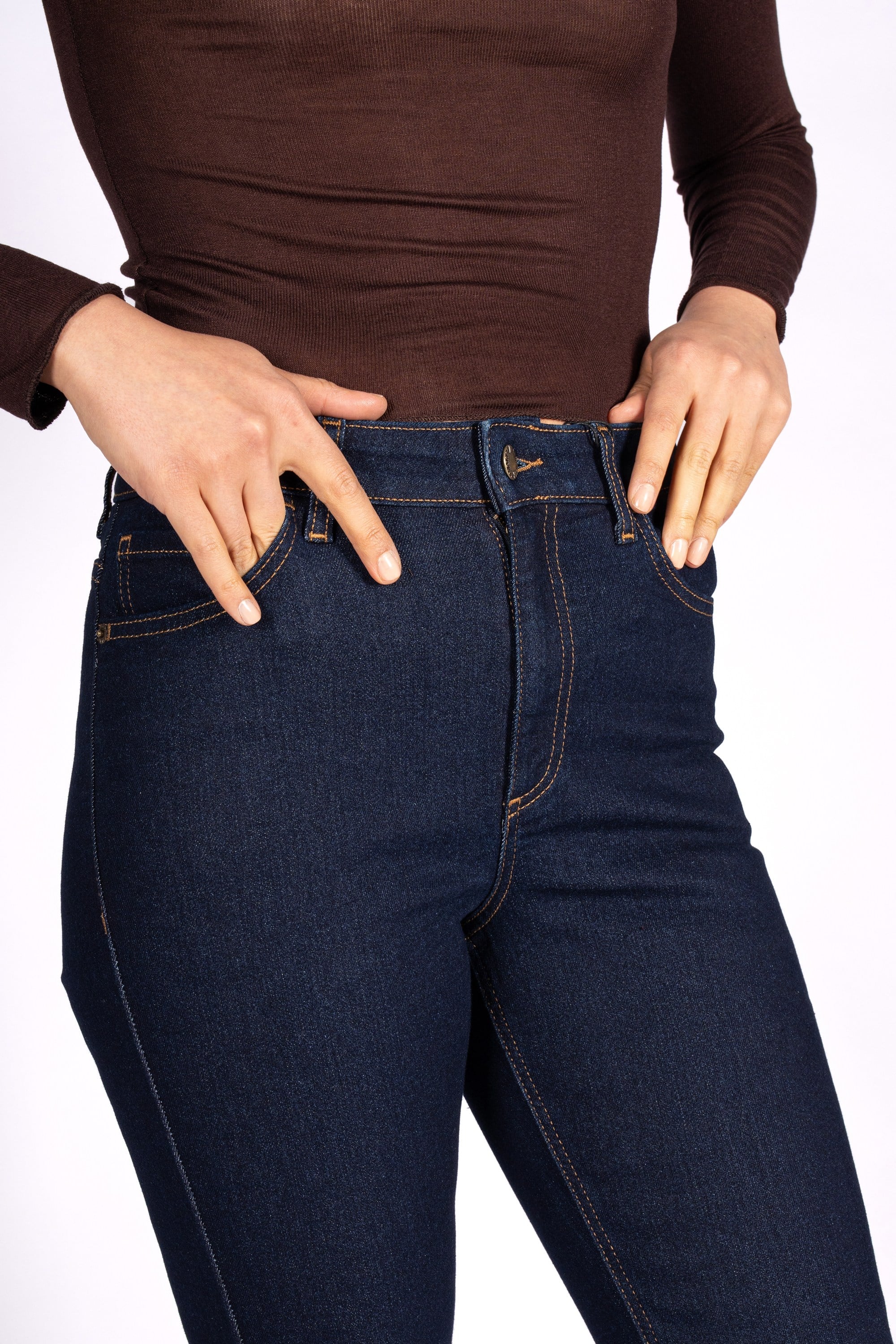Casual Flare Crop Yüksek Bel İspanyol Paça Koyu Lacivert Kadın Jean Pantolon