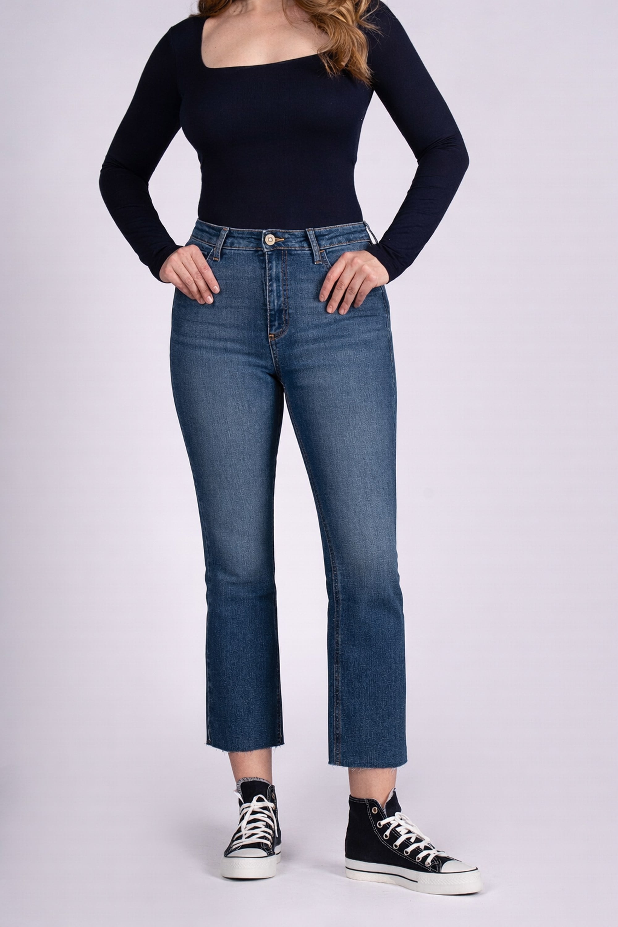 Casual Flare Crop Yüksek Bel İspanyol Paça Indigo Kadın Jean Pantolon