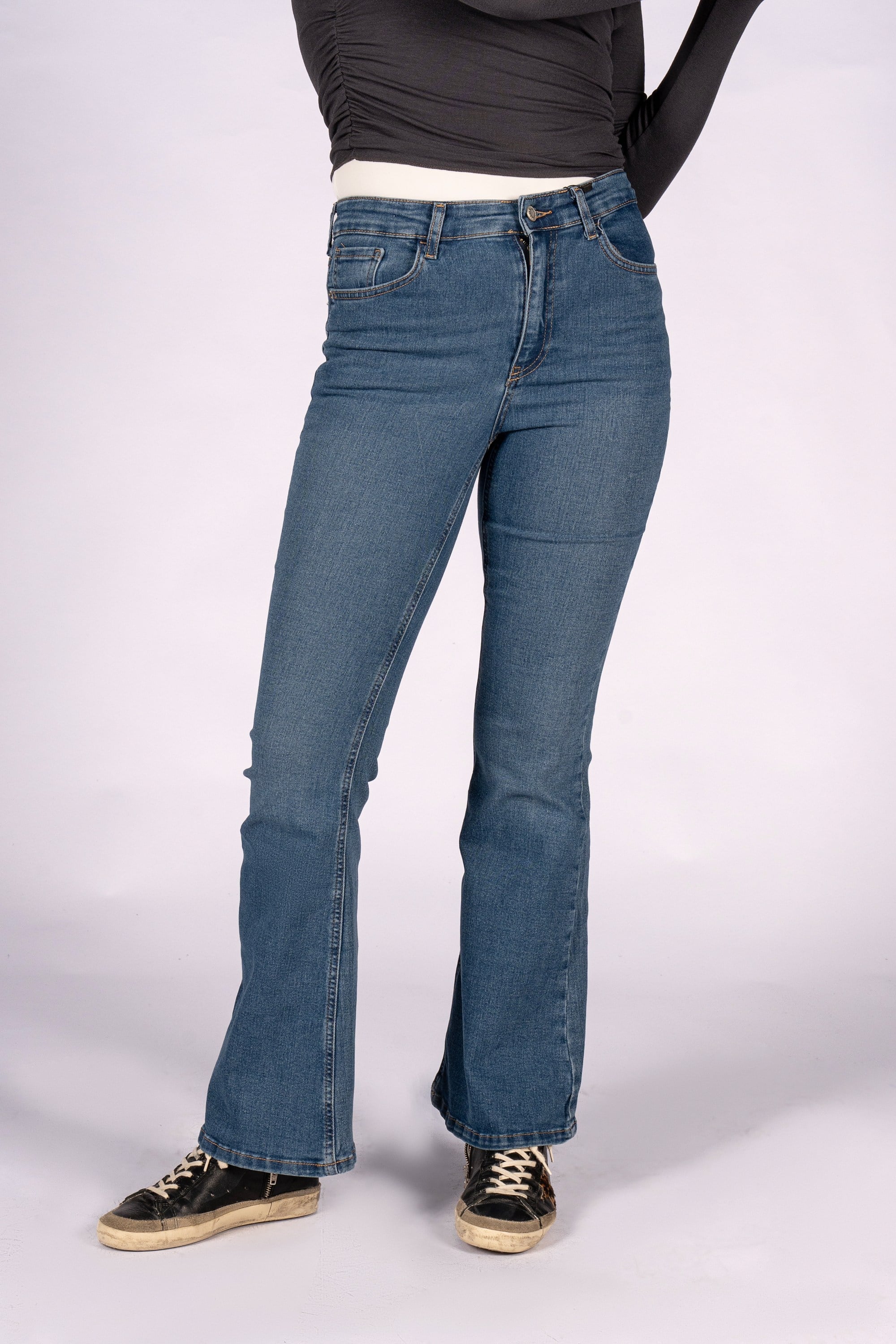 Retro Flare Yüksek Bel İspanyol Paça Indigo Kadın Jean Pantolon