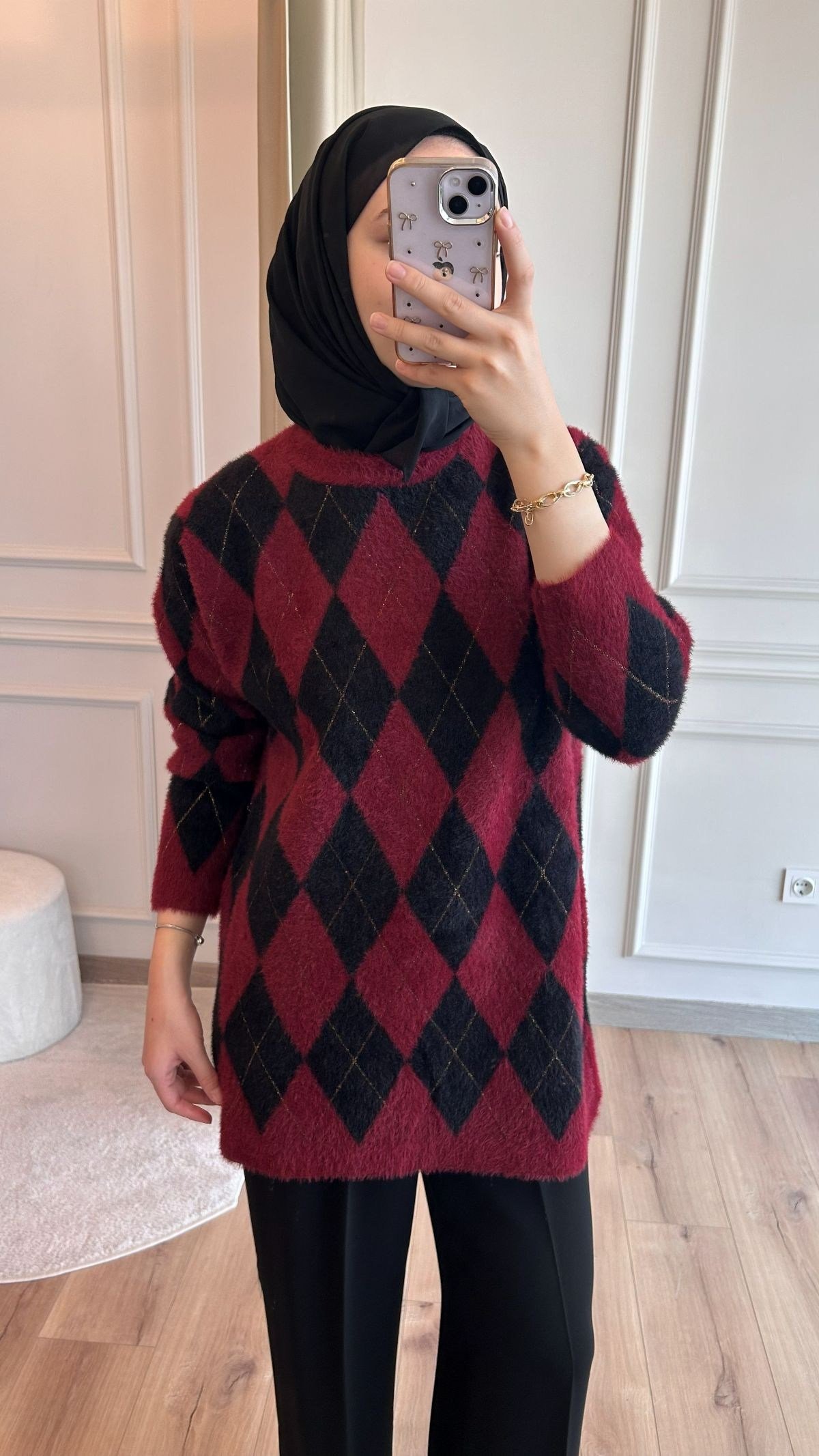 Bordo Baklava Desen Angora Kazak
