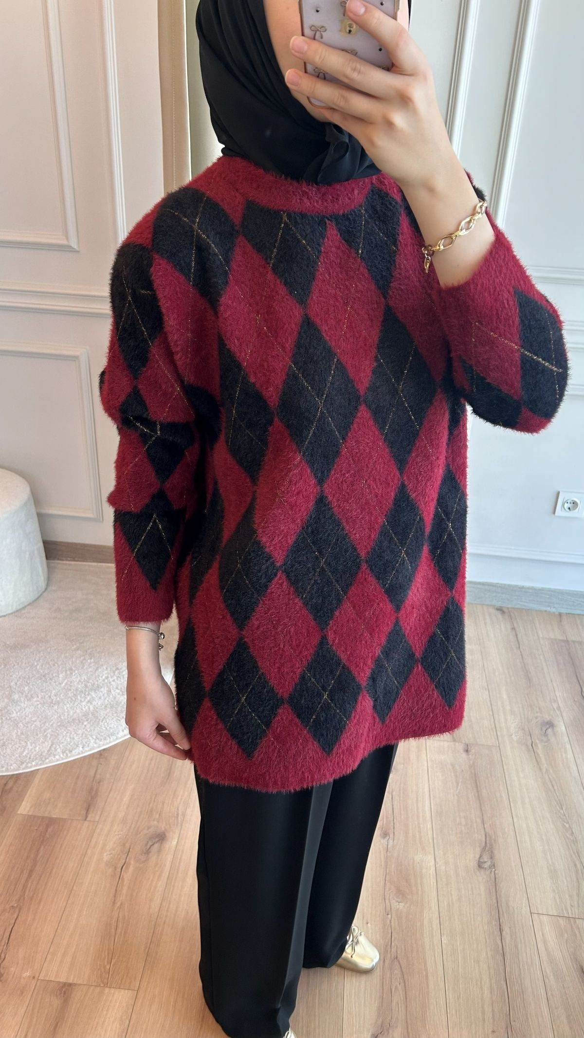 Bordo Baklava Desen Angora Kazak