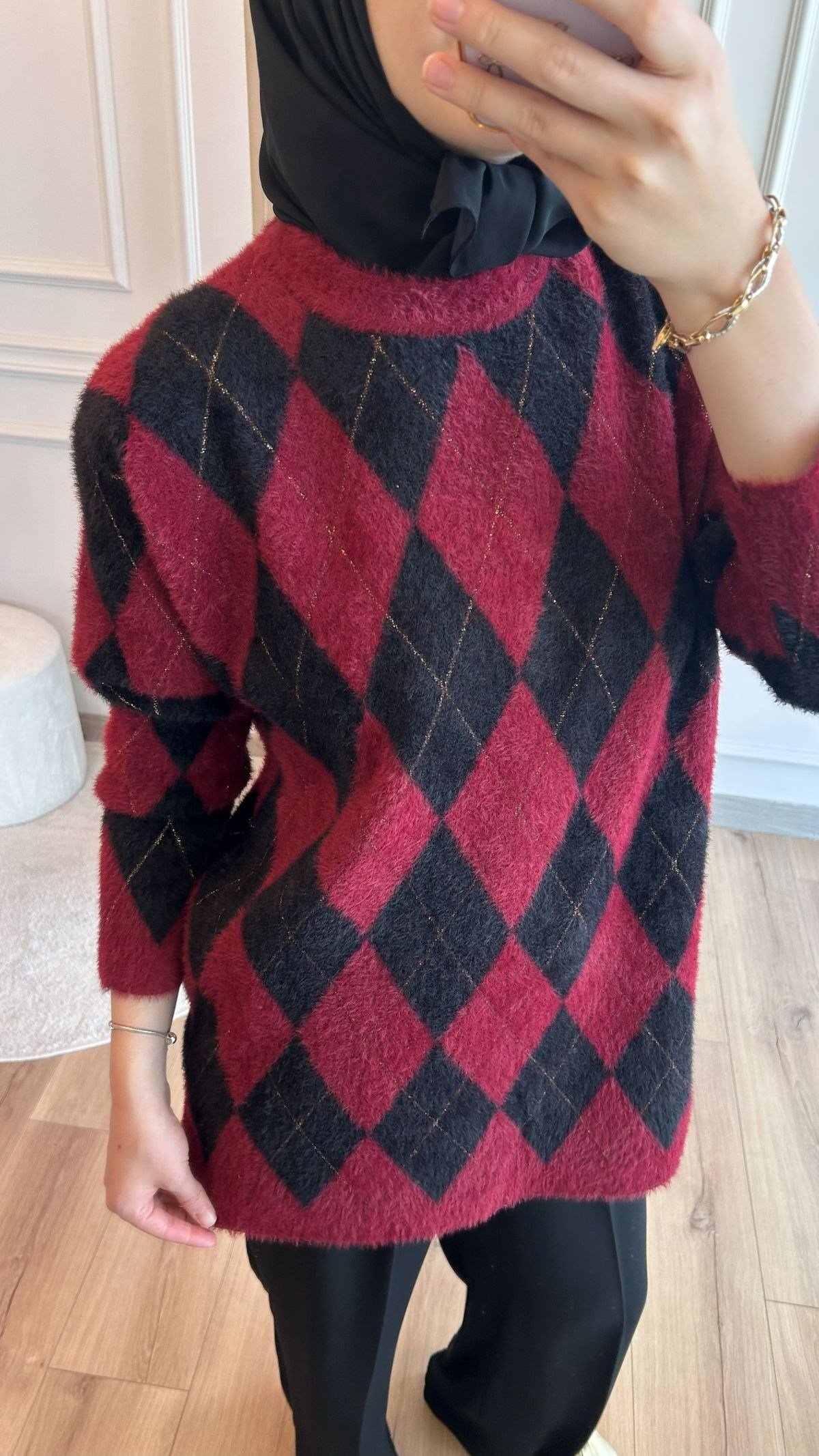 Bordo Baklava Desen Angora Kazak