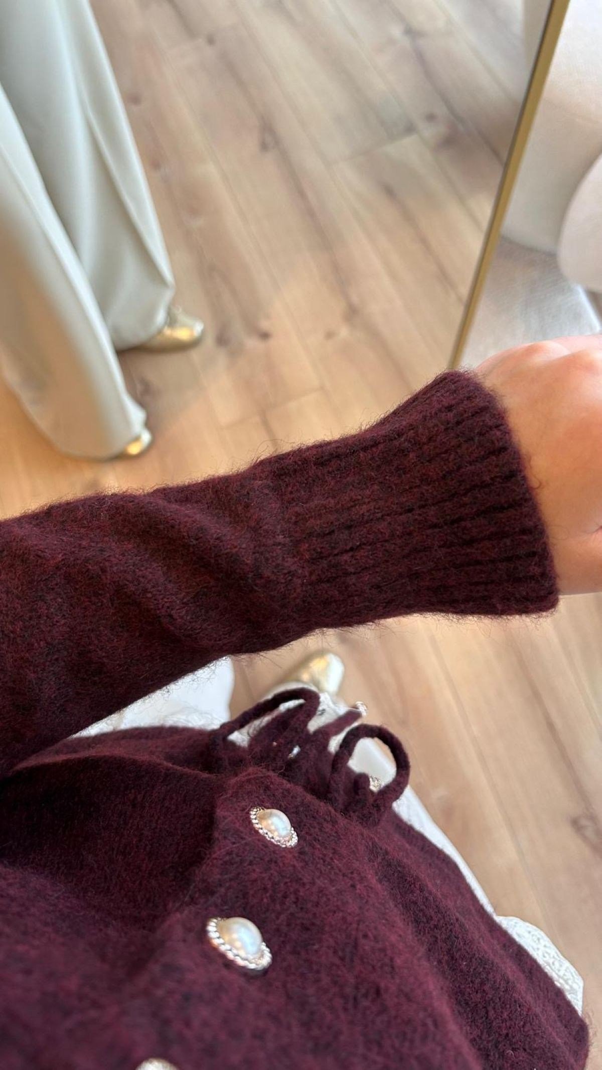 Bordo İnci Düğmeli Bağlamalı Hırka 
