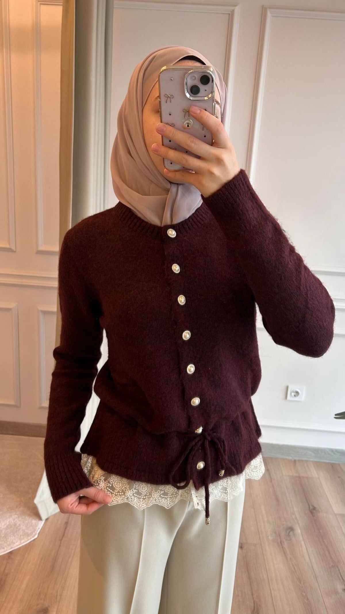 Bordo İnci Düğmeli Bağlamalı Hırka 