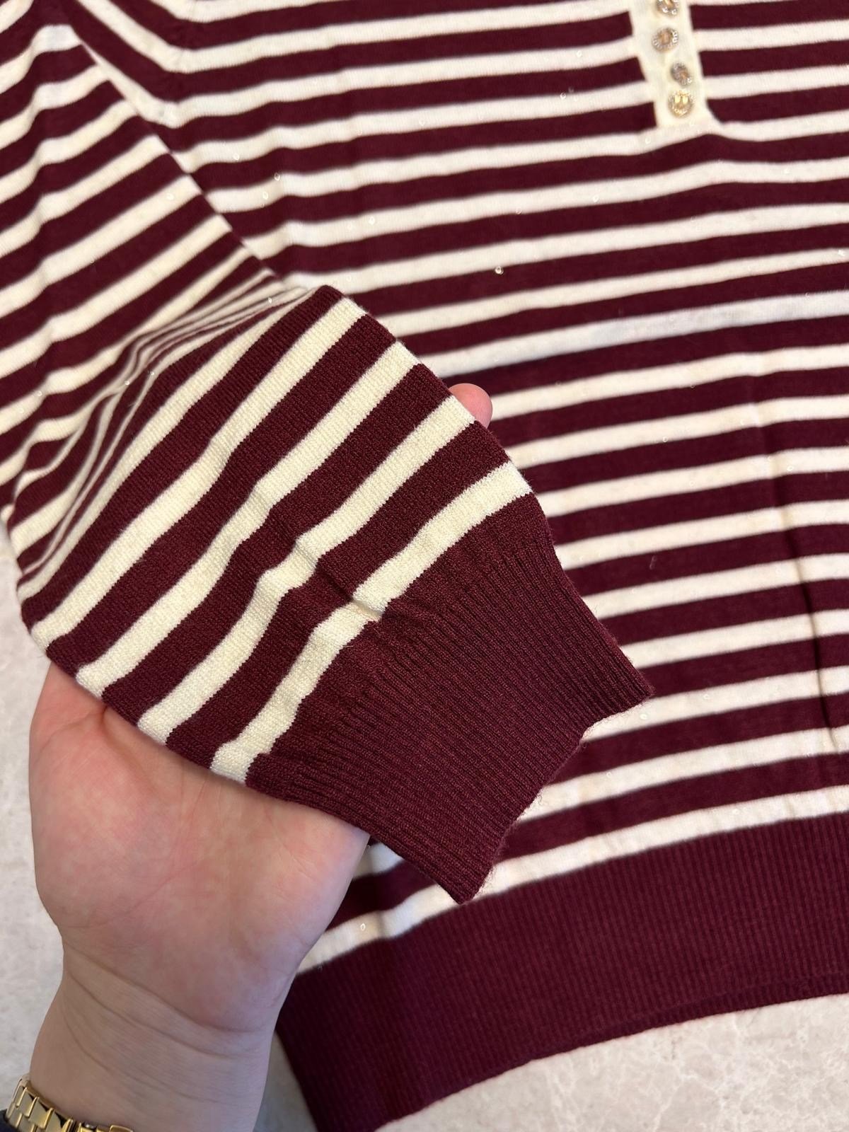 Bordo Lurex Çizgili Triko
