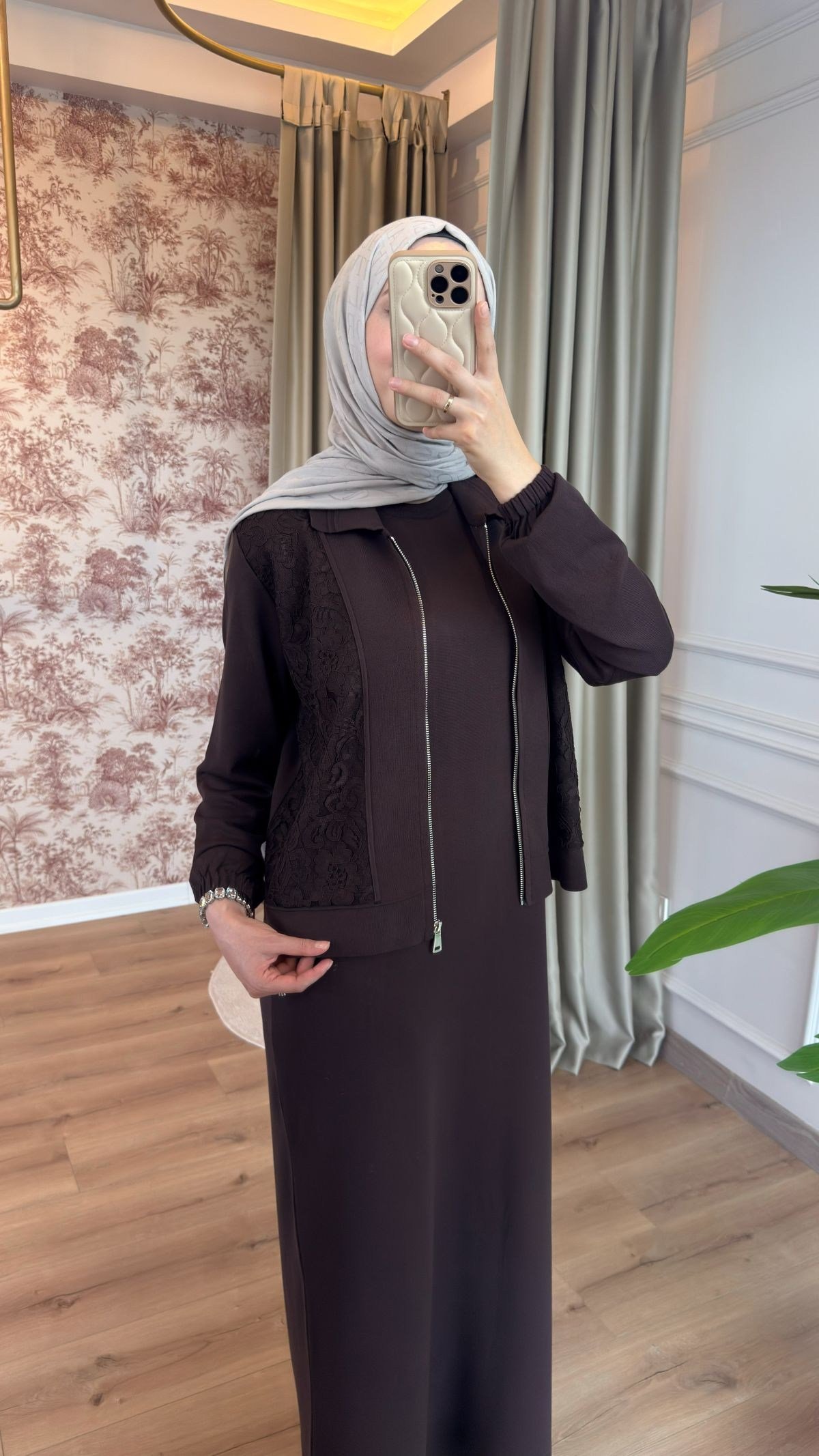 Kahve Hırkalı Merserize Elbise 