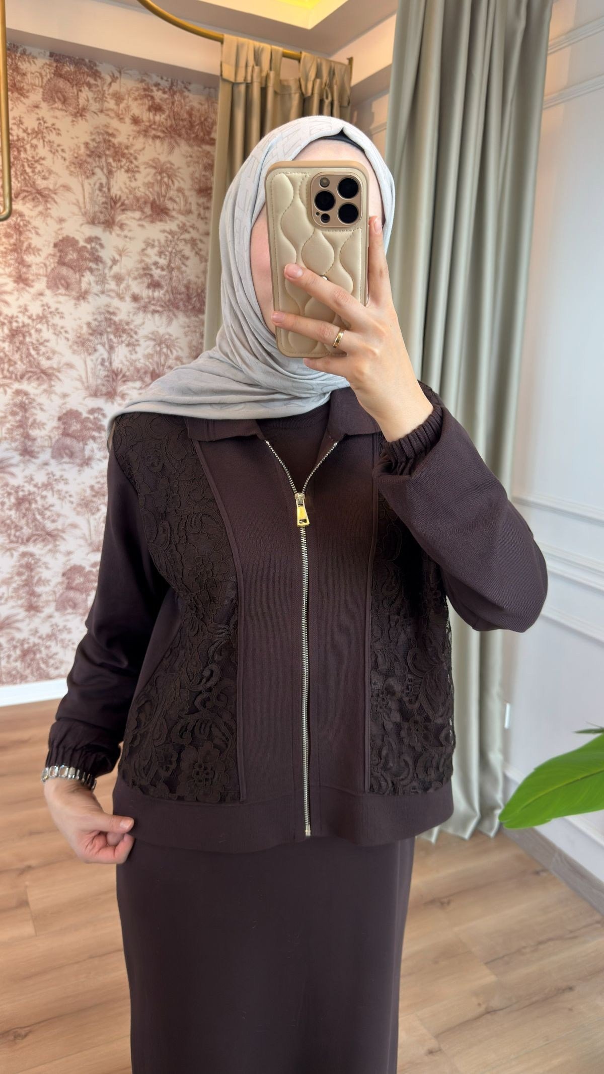 Kahve Hırkalı Merserize Elbise 