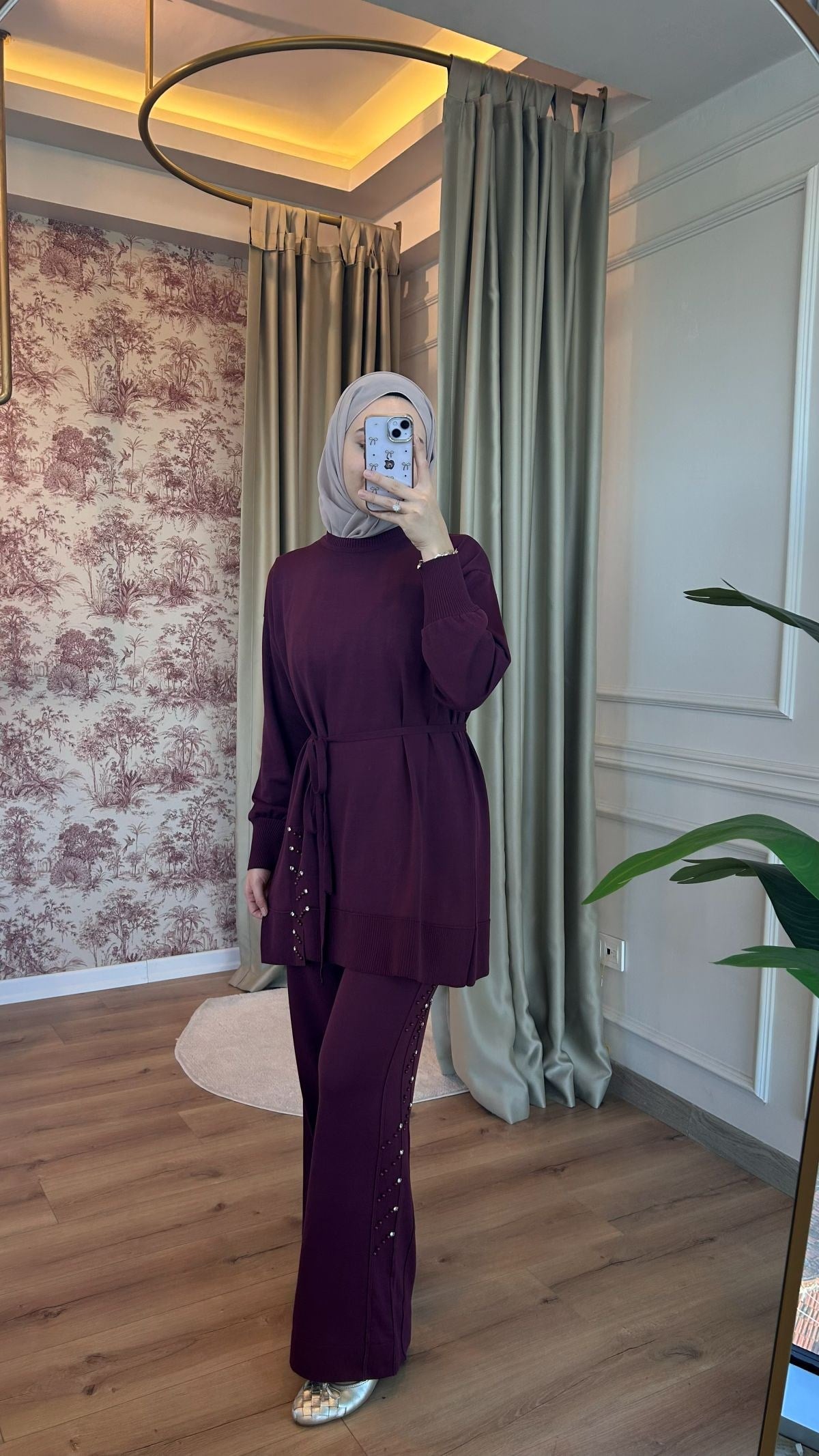 Mürdüm Taş Detaylı Triko Takım