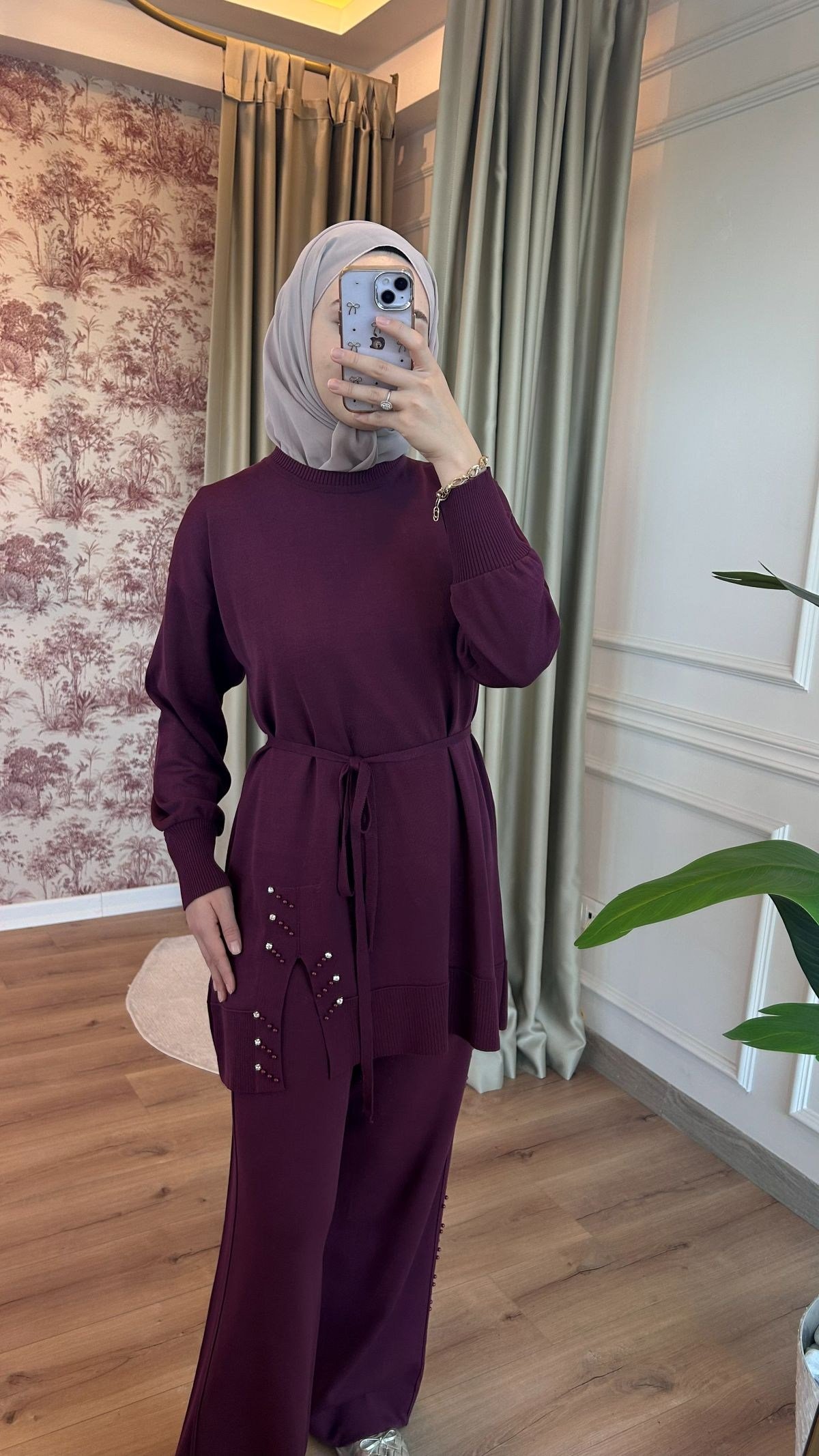 Mürdüm Taş Detaylı Triko Takım